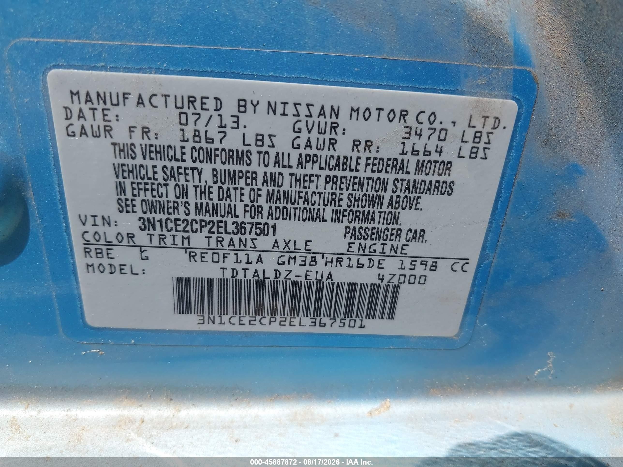 2014 Nissan Versa Note Sv Blue vin: 3N1CE2CP2EL367501