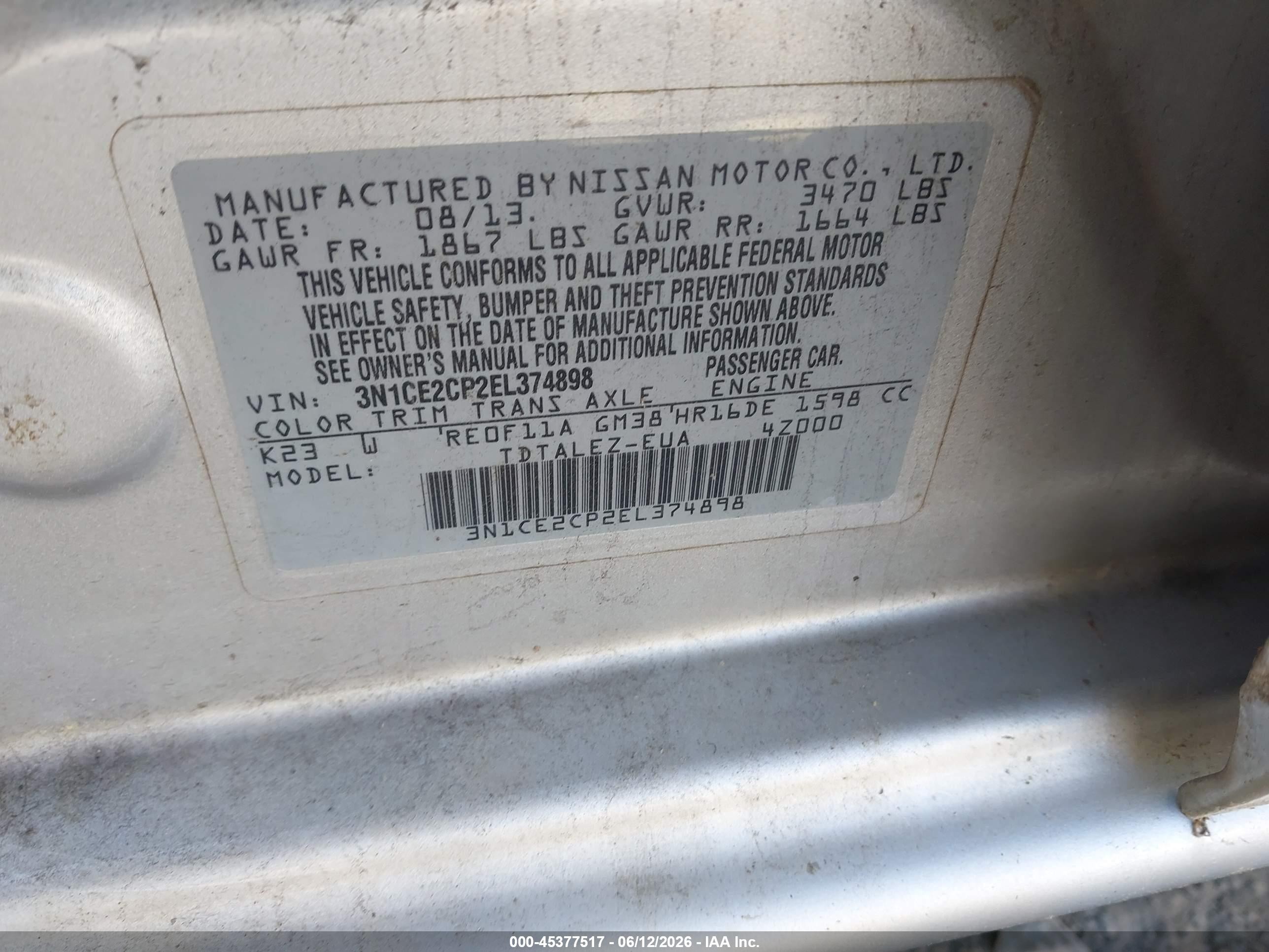2014 Nissan Versa Note Sv Silver vin: 3N1CE2CP2EL374898