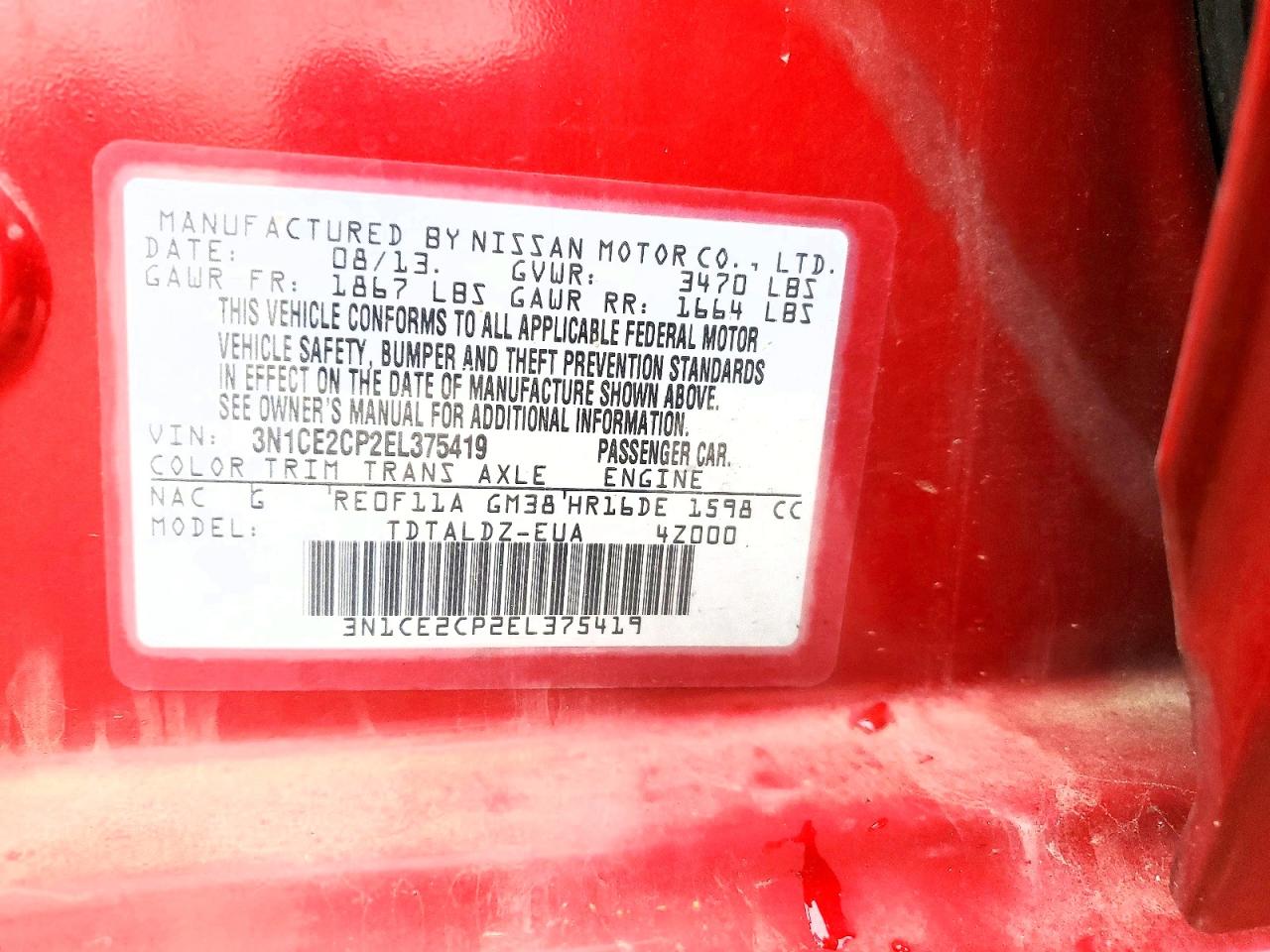 2014 Nissan Versa Note Sv Red vin: 3N1CE2CP2EL375419