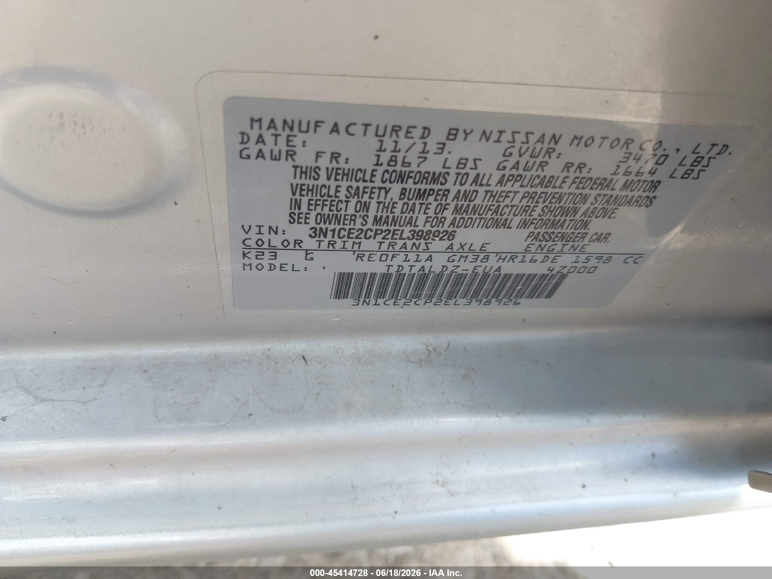 2014 Nissan Versa Note Sv Silver vin: 3N1CE2CP2EL398926