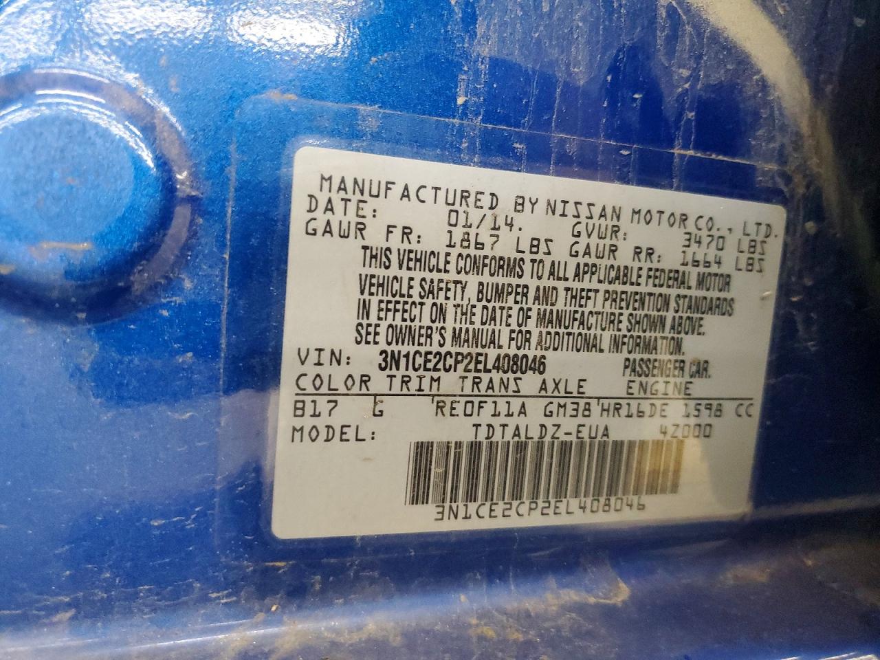 2014 Nissan Versa Note Sv Blue vin: 3N1CE2CP2EL408046