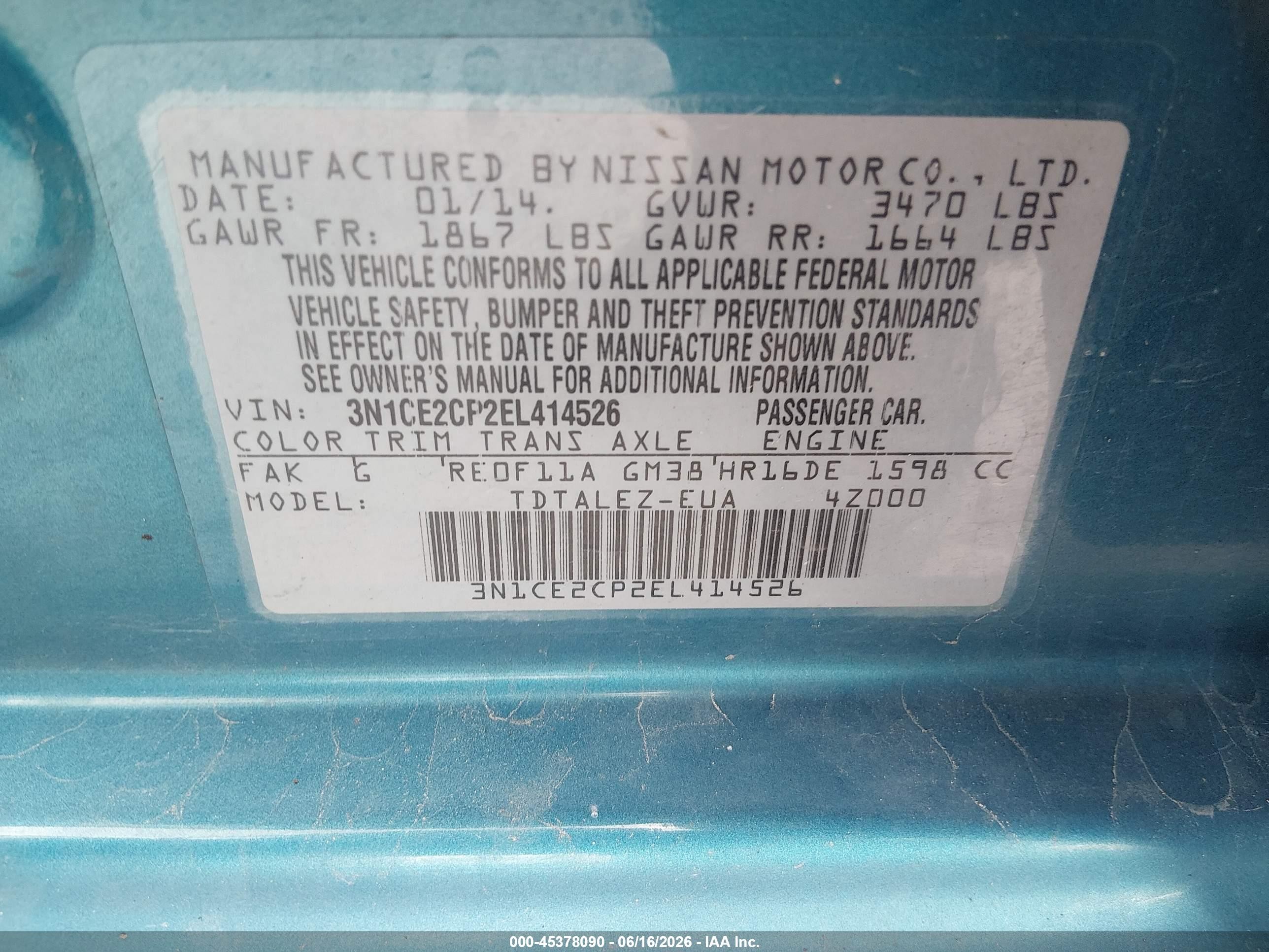 2014 Nissan Versa Note Sv Blue vin: 3N1CE2CP2EL414526