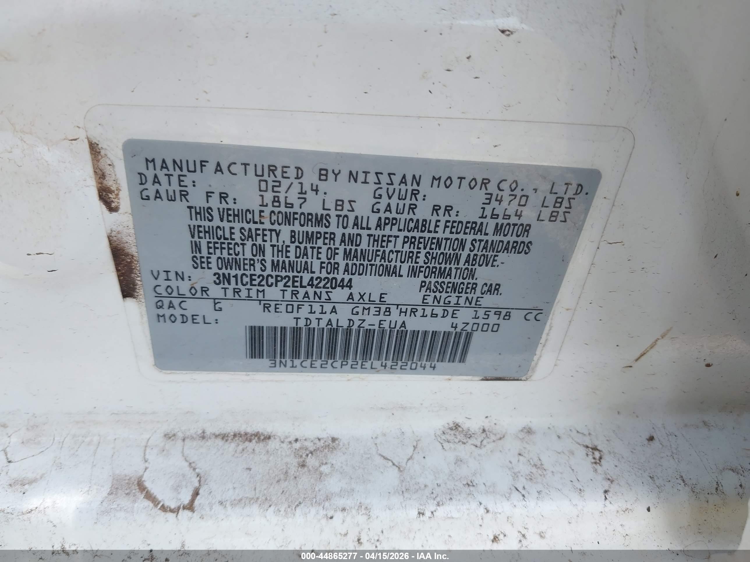 2014 Nissan Versa Note S (sr)/s Plus/sv White vin: 3N1CE2CP2EL422044