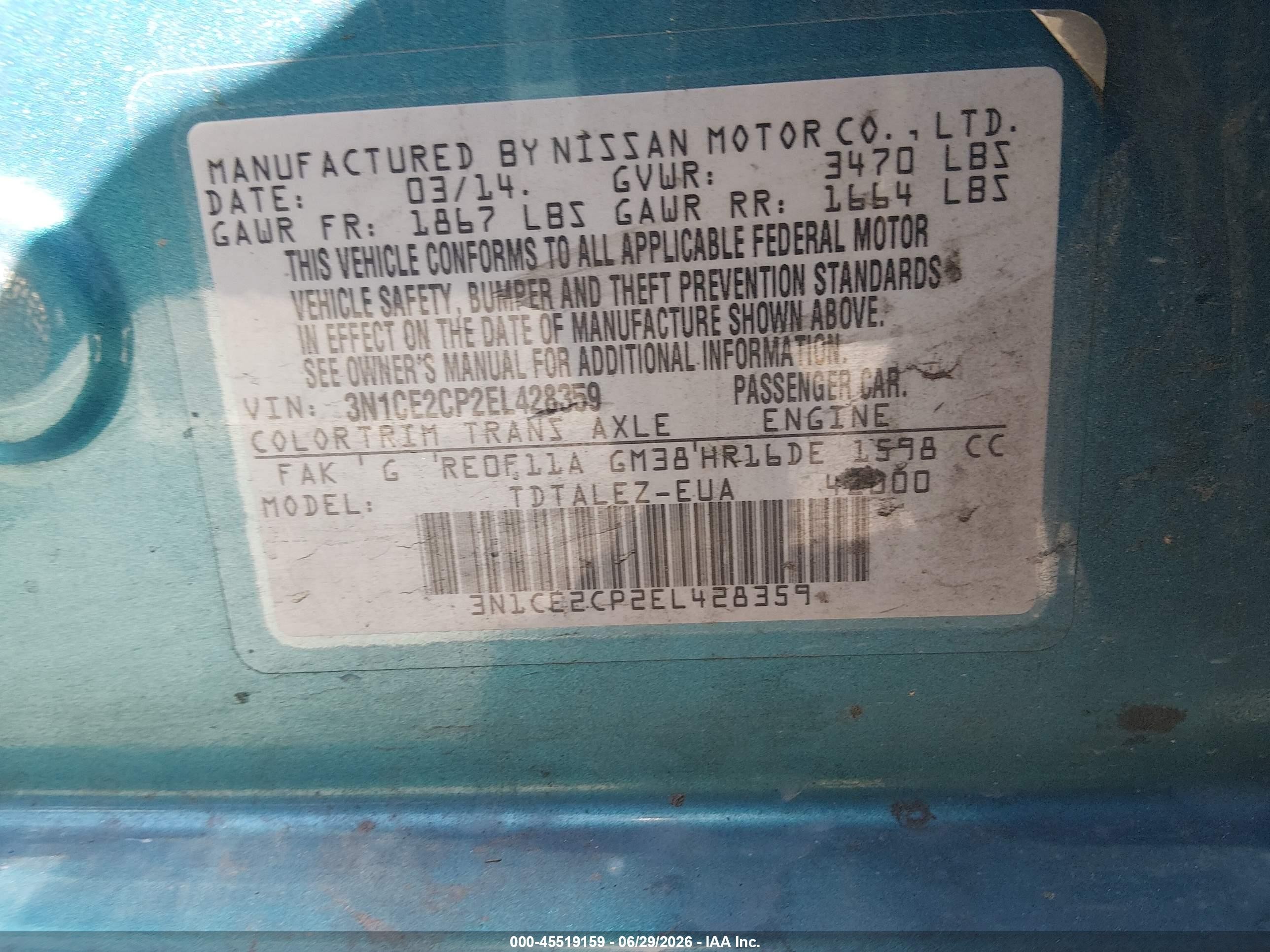 2014 Nissan Versa Note Sv Light Blue vin: 3N1CE2CP2EL428359