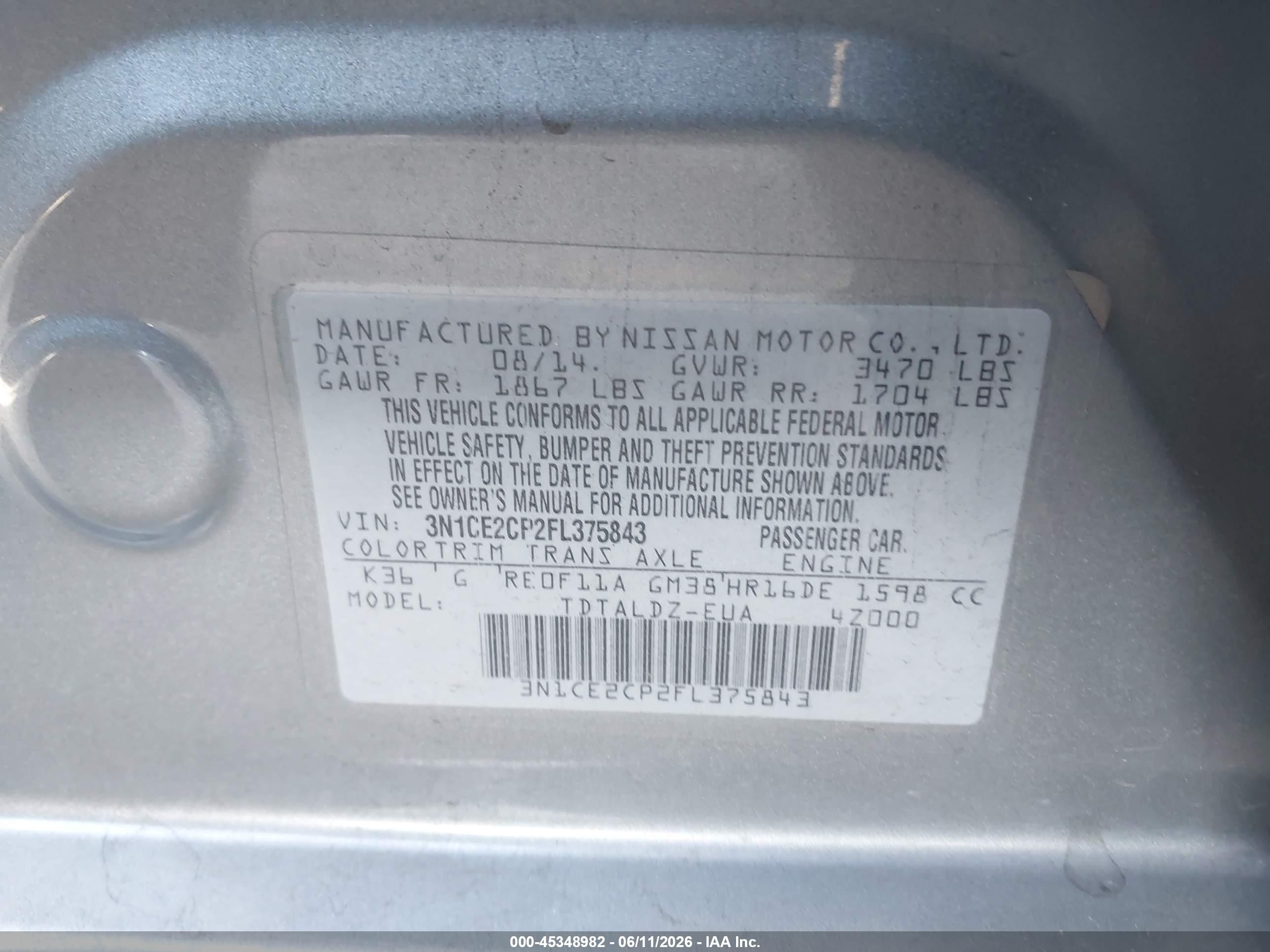 2015 Nissan Versa Note S (sr)/s Plus/sl/sr/sv Silver vin: 3N1CE2CP2FL375843