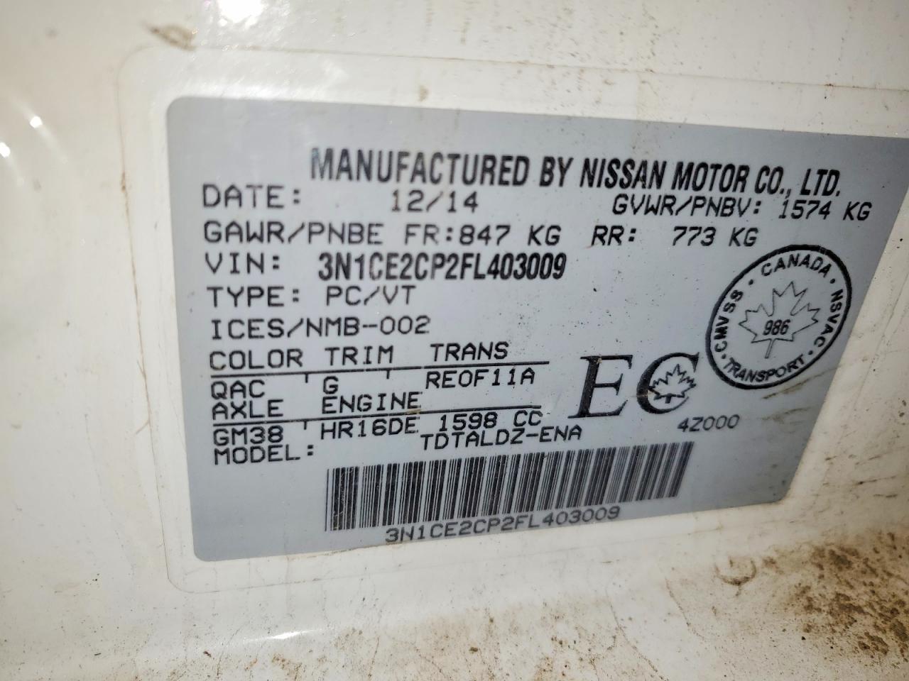2015 Nissan Versa Note S White vin: 3N1CE2CP2FL403009