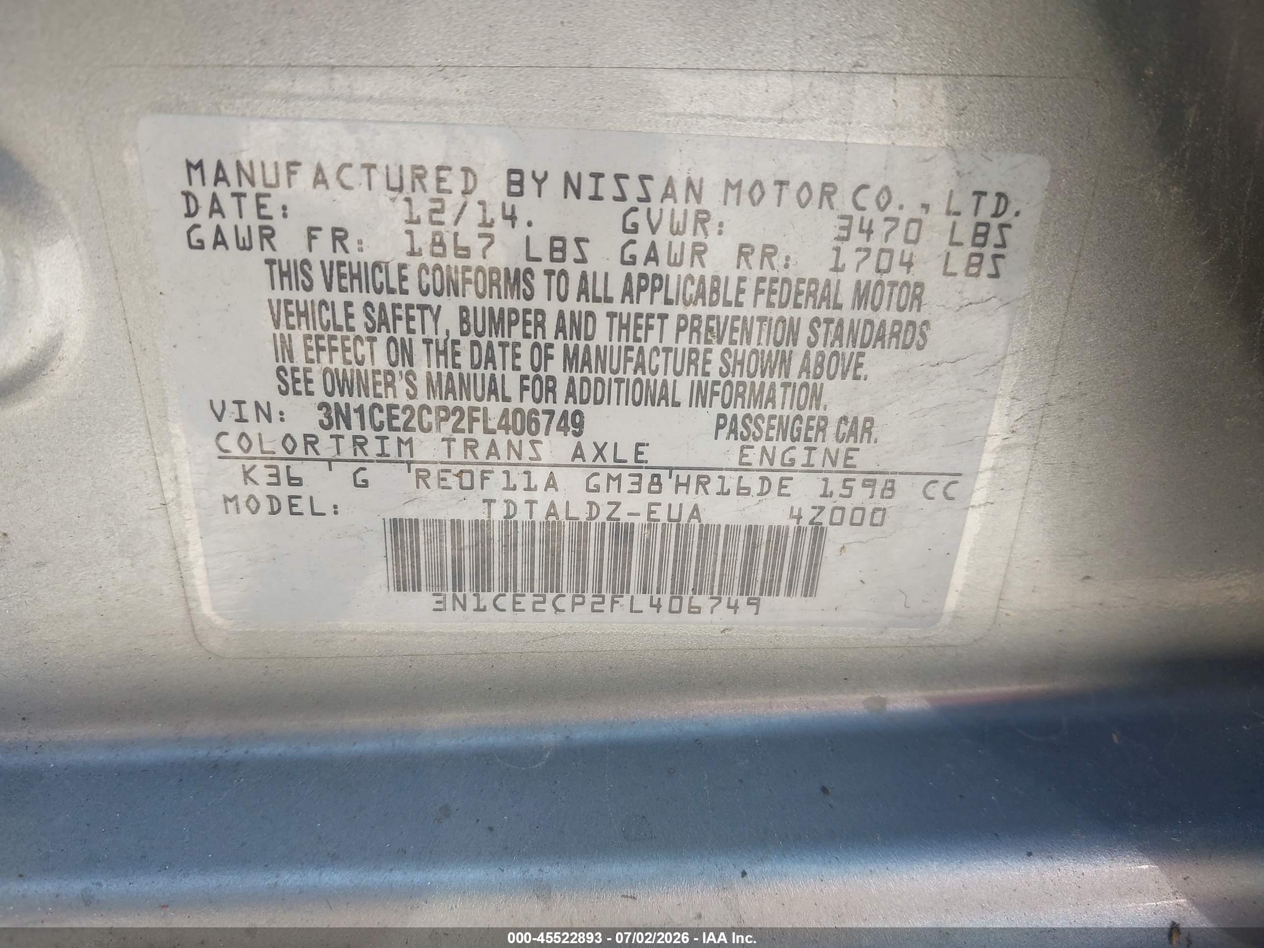 2015 Nissan Versa Note S (sr)/s Plus/sl/sr/sv Silver vin: 3N1CE2CP2FL406749