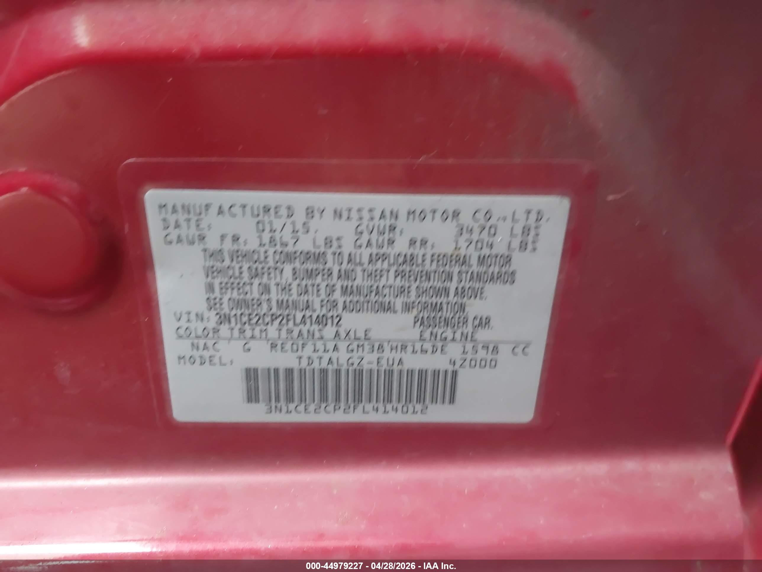 2015 Nissan Versa Note Sr Red vin: 3N1CE2CP2FL414012