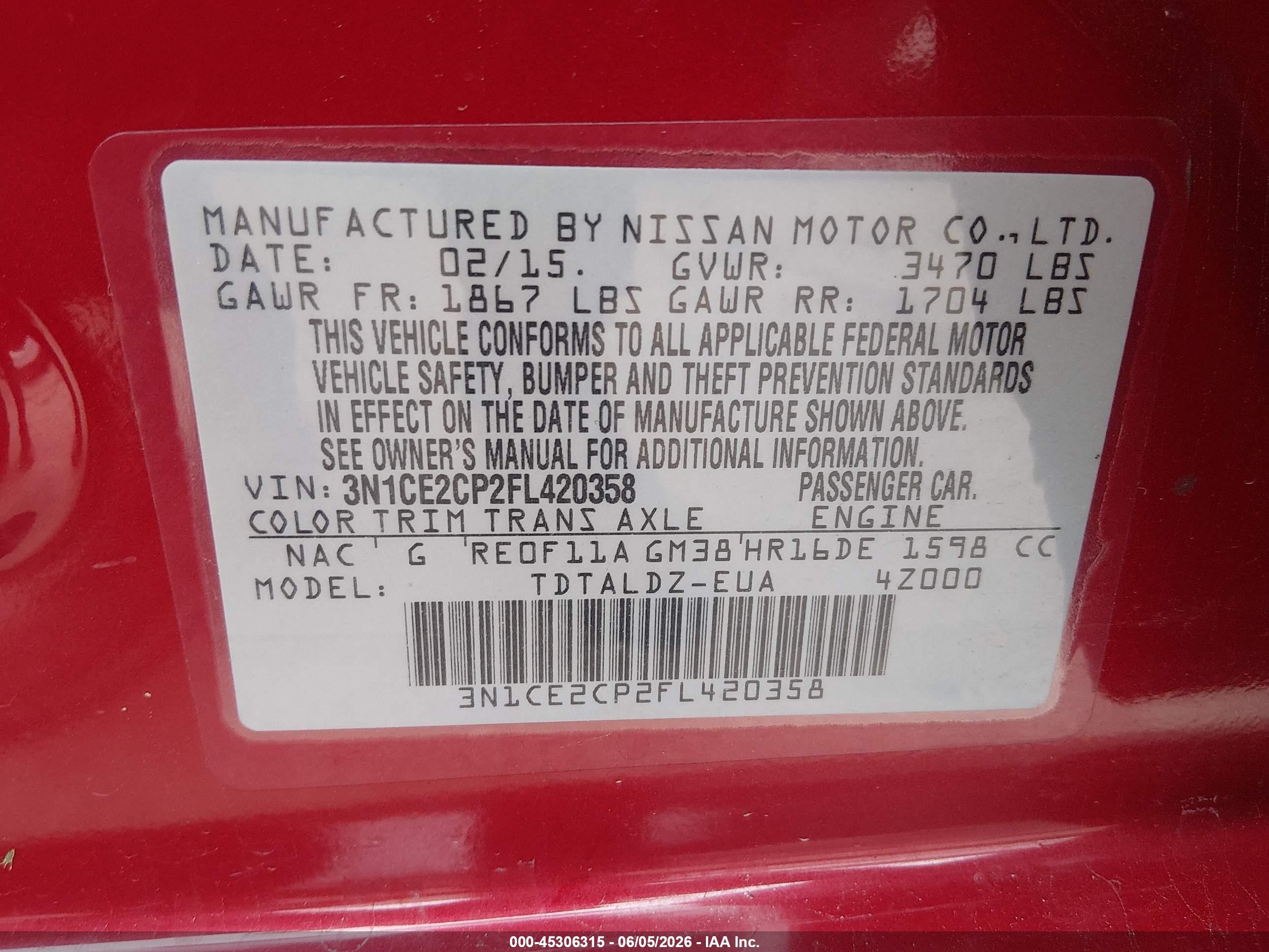 2015 Nissan Versa Note S (sr)/s Plus/sl/sr/sv Red vin: 3N1CE2CP2FL420358