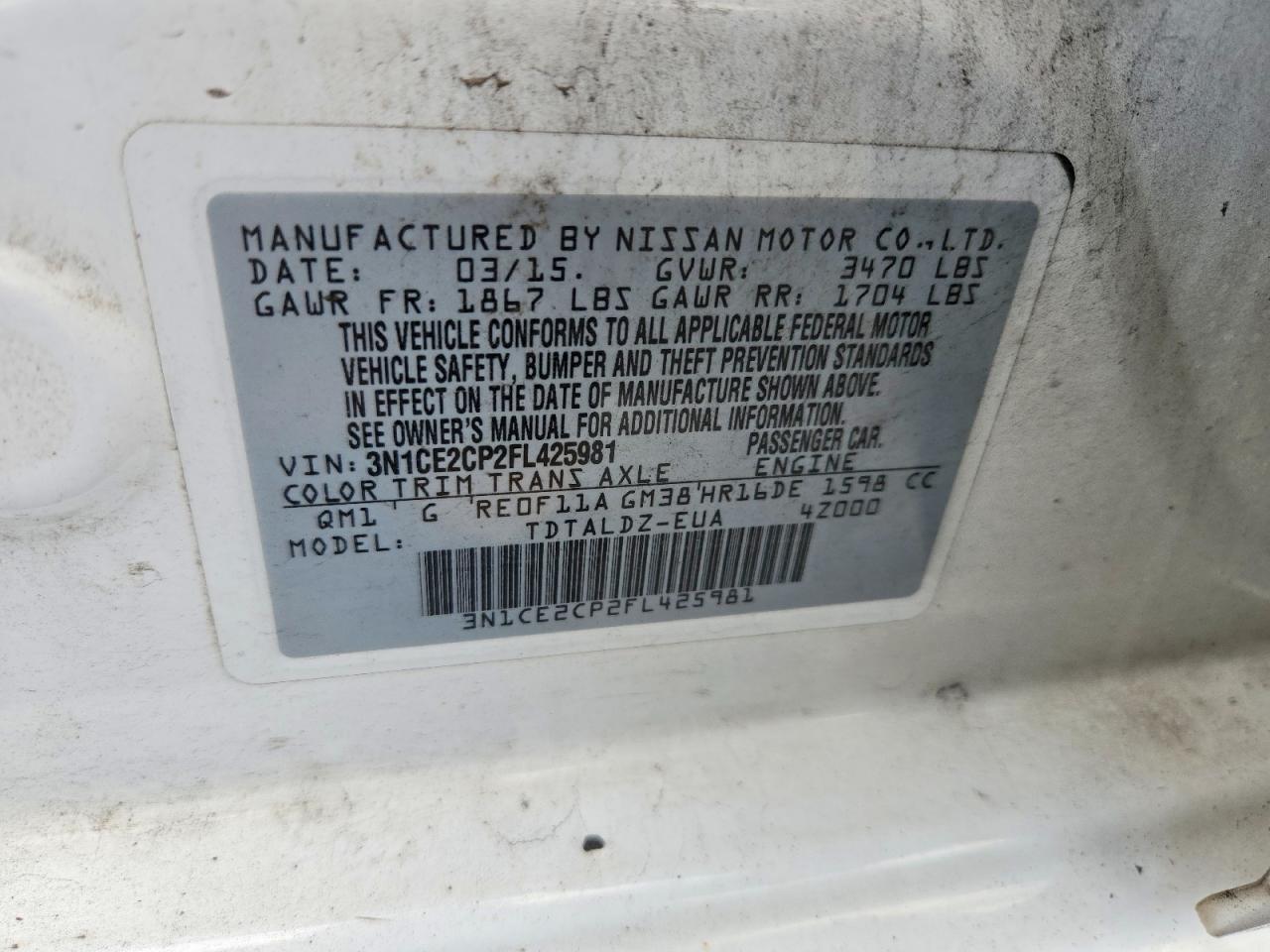 2015 Nissan Versa Note Sv White vin: 3N1CE2CP2FL425981