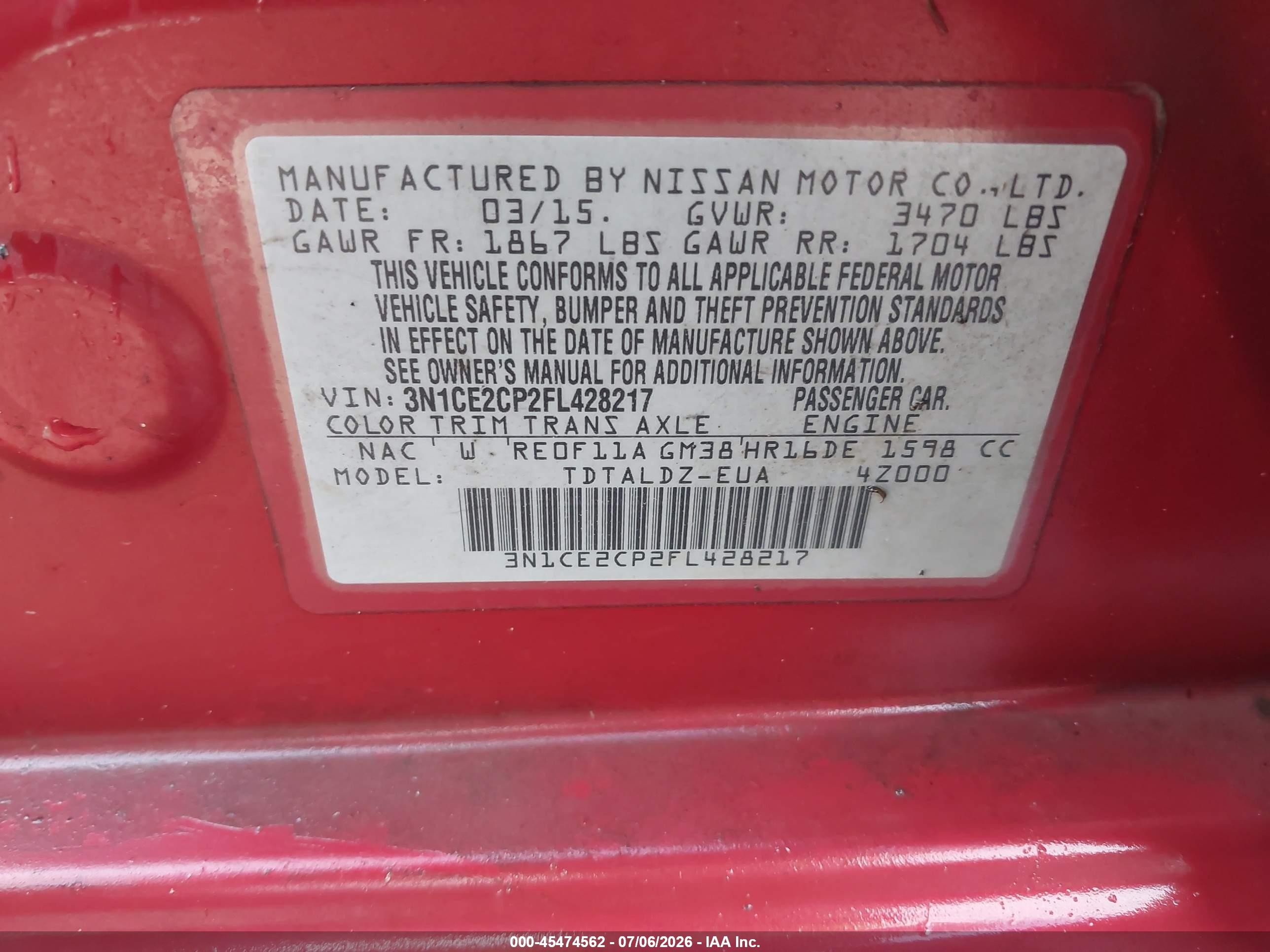 2015 Nissan Versa Note Sv Red vin: 3N1CE2CP2FL428217
