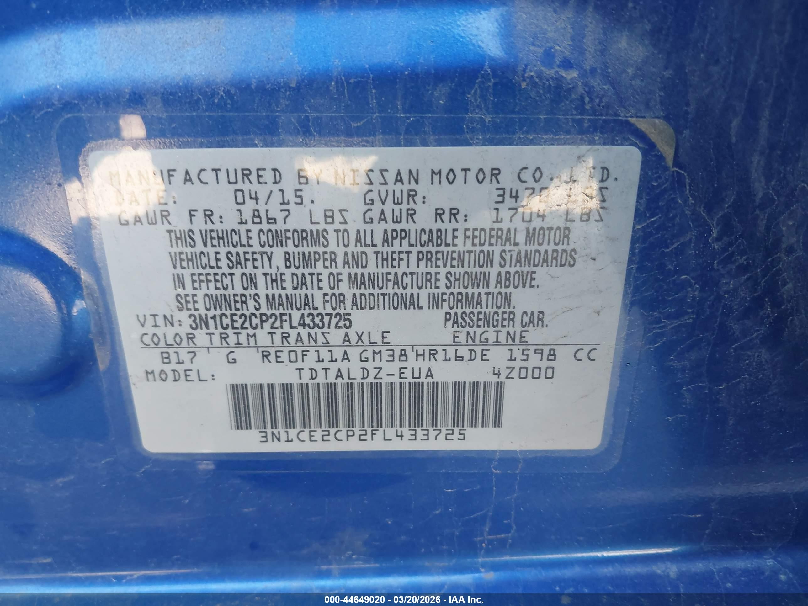 2015 Nissan Versa Note Sv Blue vin: 3N1CE2CP2FL433725