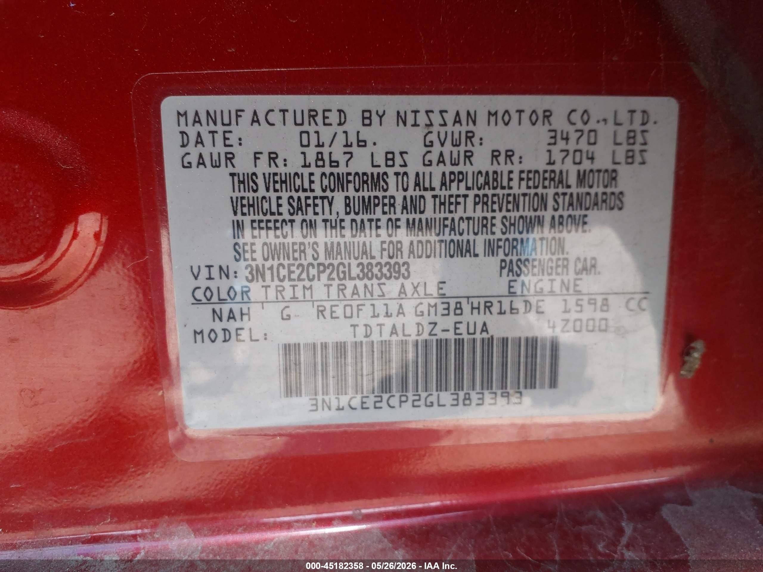 2016 Nissan Versa Note Sv Burgundy vin: 3N1CE2CP2GL383393
