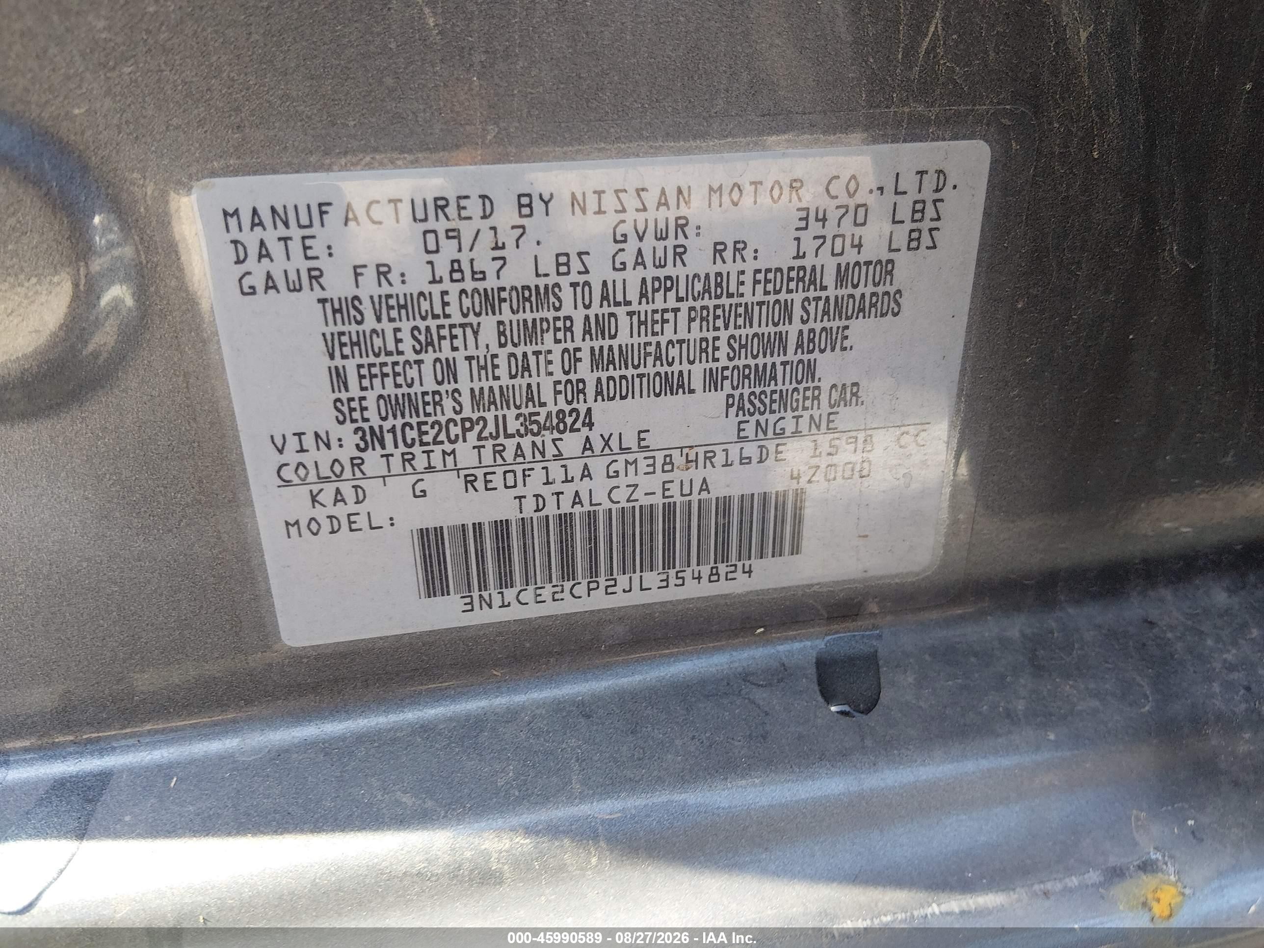 2018 Nissan Versa Note S Gray vin: 3N1CE2CP2JL354824