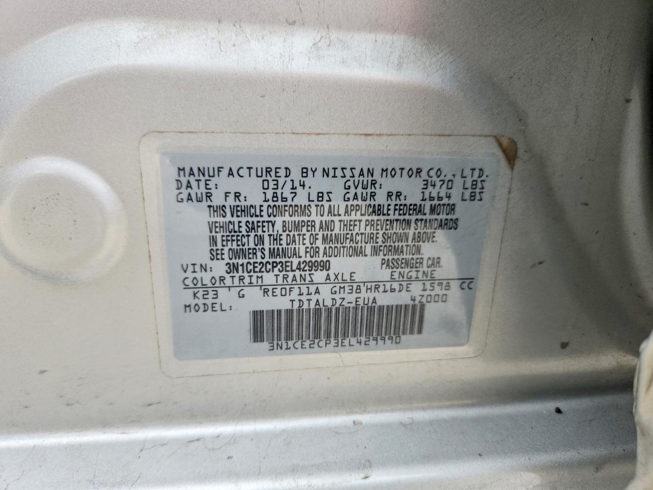 2014 Nissan Versa Note Sv Silver vin: 3N1CE2CP3EL429990
