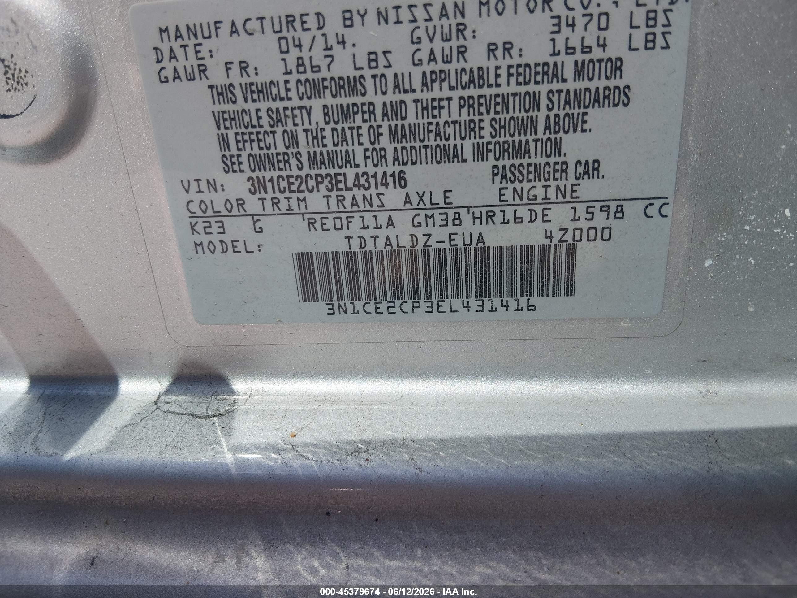 2014 Nissan Versa Note Sv Серебряный vin: 3N1CE2CP3EL431416