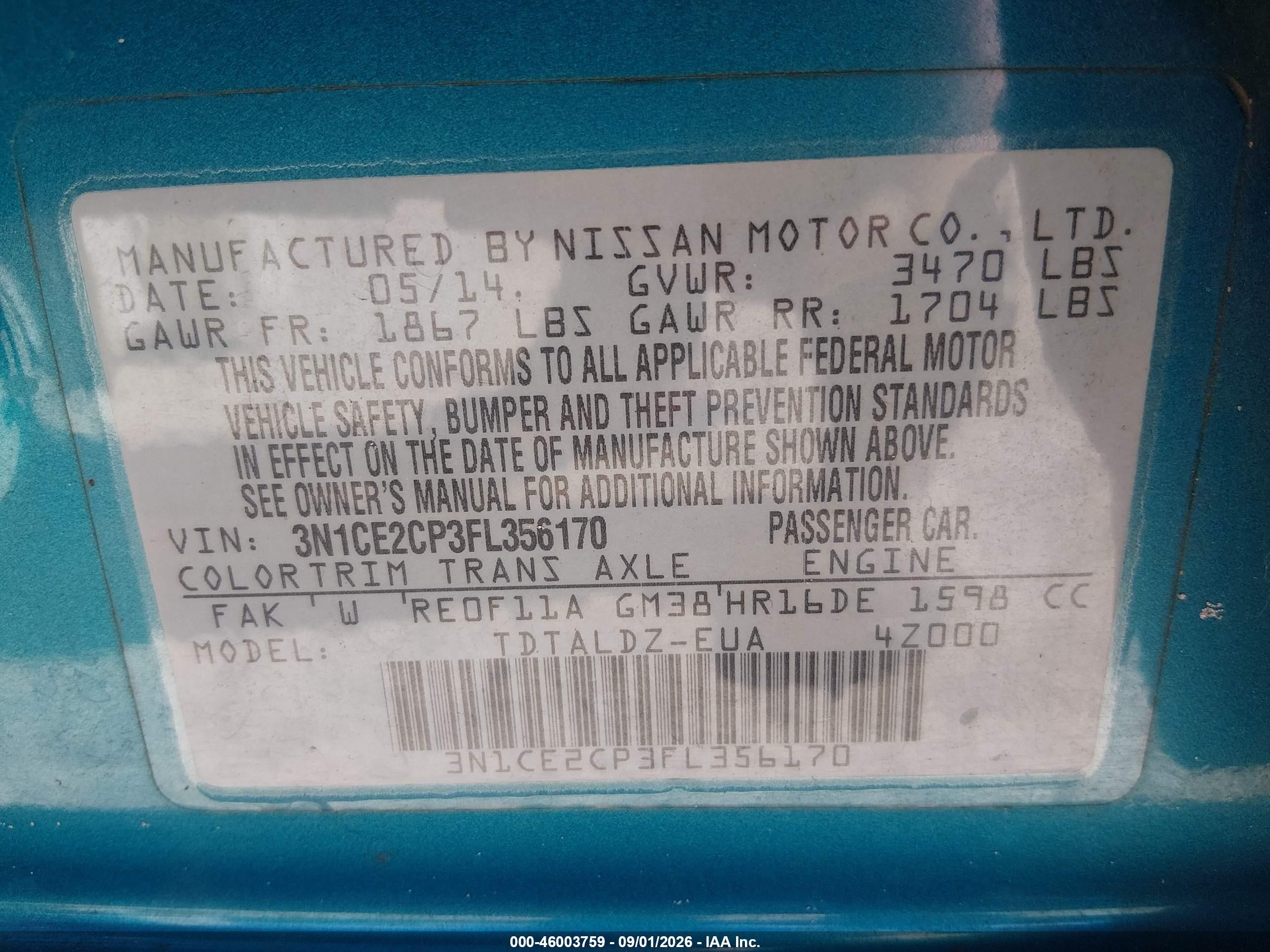 2015 Nissan Versa Note S (sr)/s Plus/sl/sr/sv Blue vin: 3N1CE2CP3FL356170