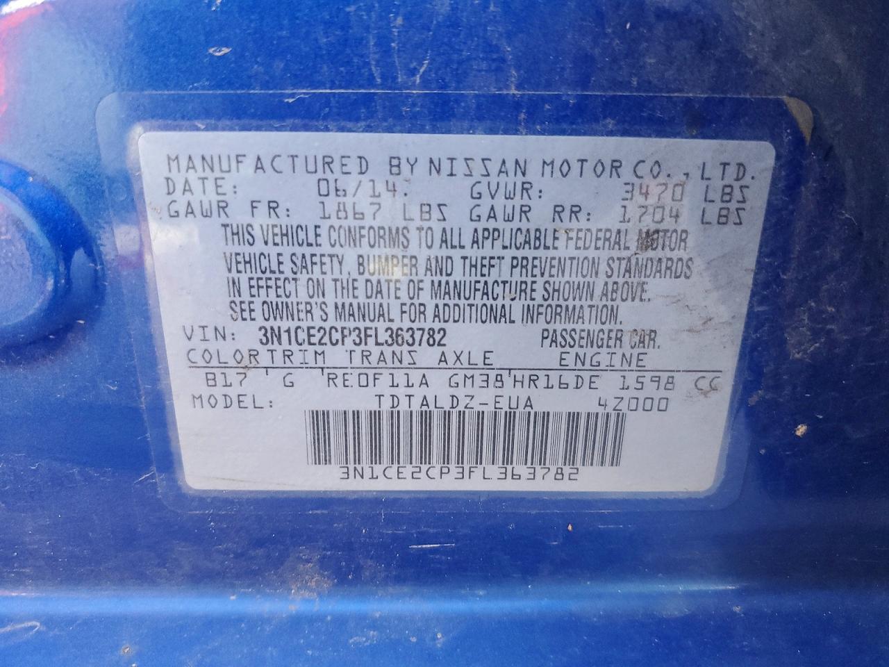 2015 Nissan Versa Note Sv Blue vin: 3N1CE2CP3FL363782