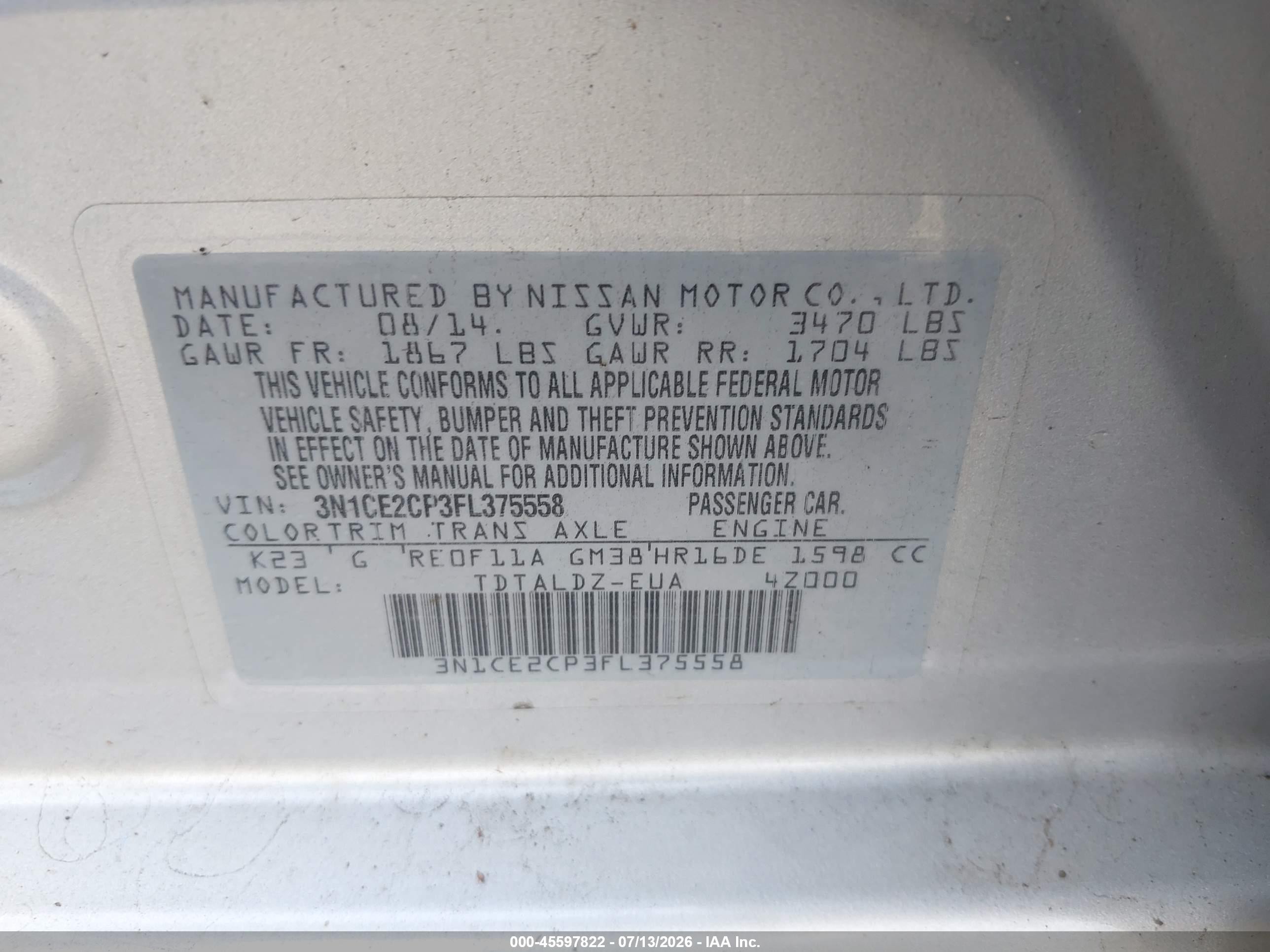 2015 Nissan Versa Note S (sr)/s Plus/sl/sr/sv Silver vin: 3N1CE2CP3FL375558