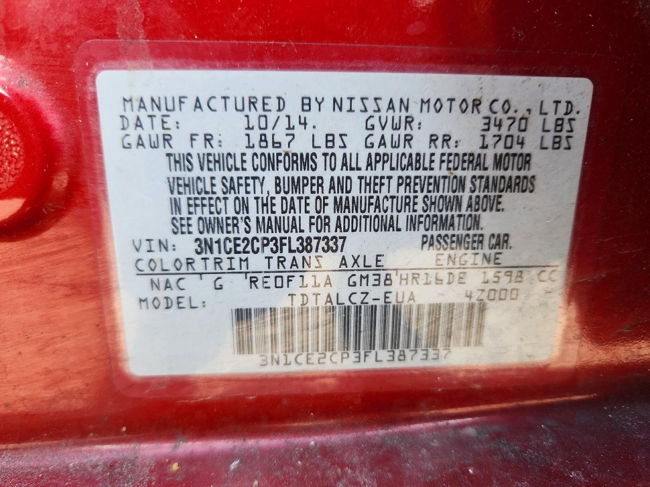 2015 Nissan Versa Note S Plus Burgundy vin: 3N1CE2CP3FL387337