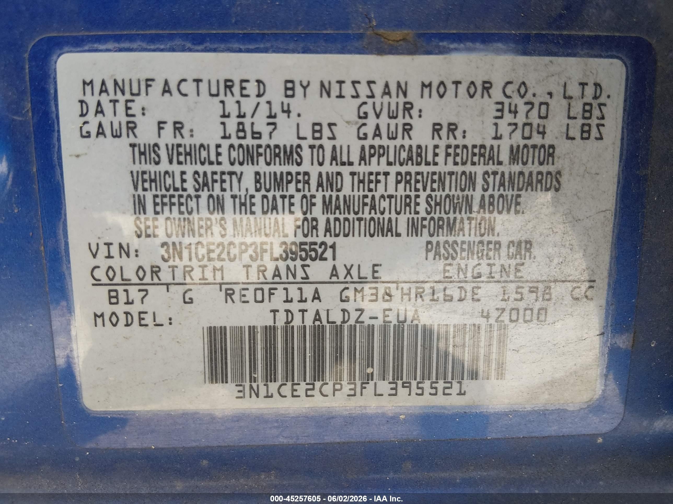2015 Nissan Versa Note S (sr)/s Plus/sl/sr/sv Blue vin: 3N1CE2CP3FL395521