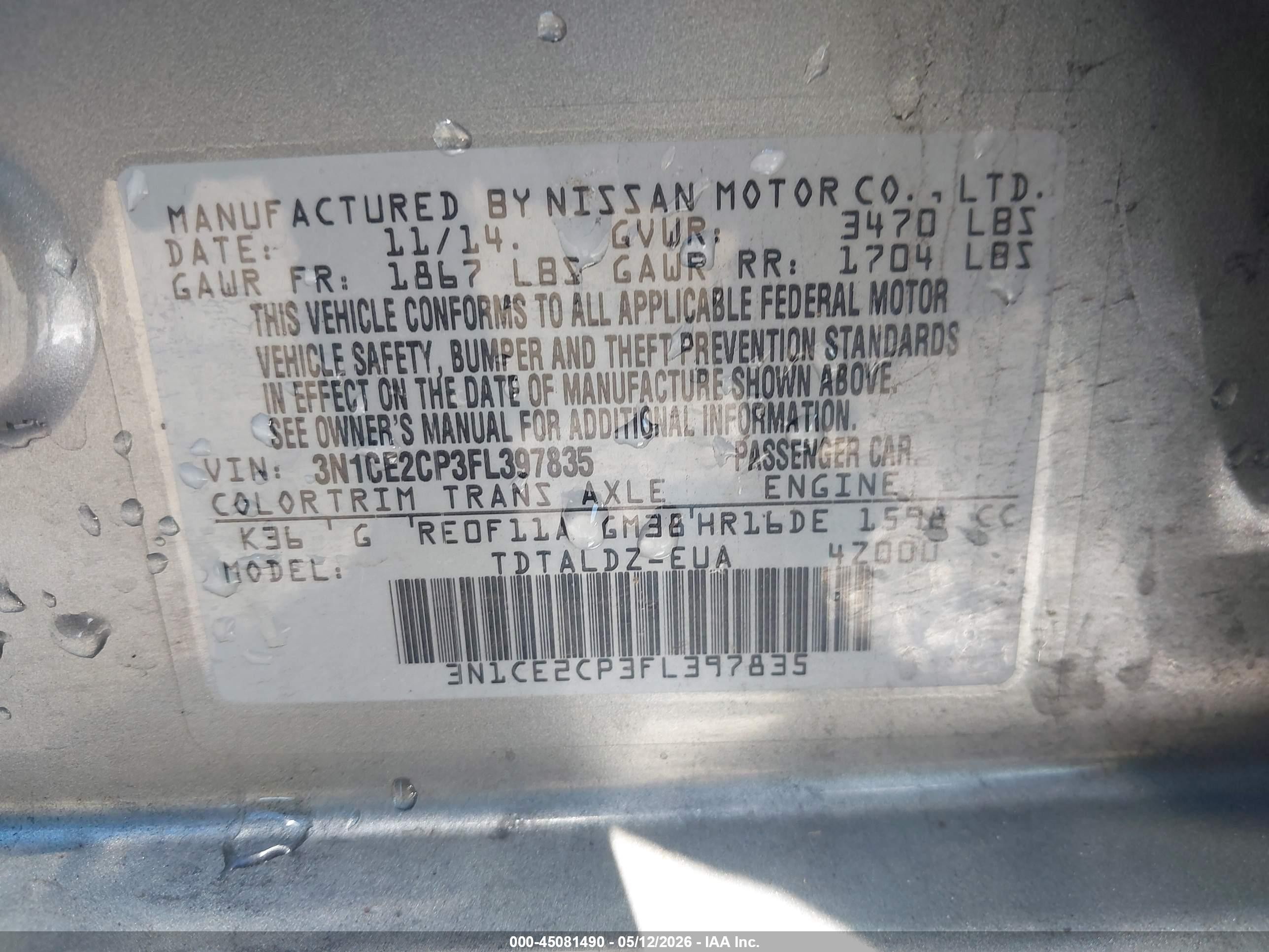 2015 Nissan Versa Note S (sr)/s Plus/sl/sr/sv Silver vin: 3N1CE2CP3FL397835