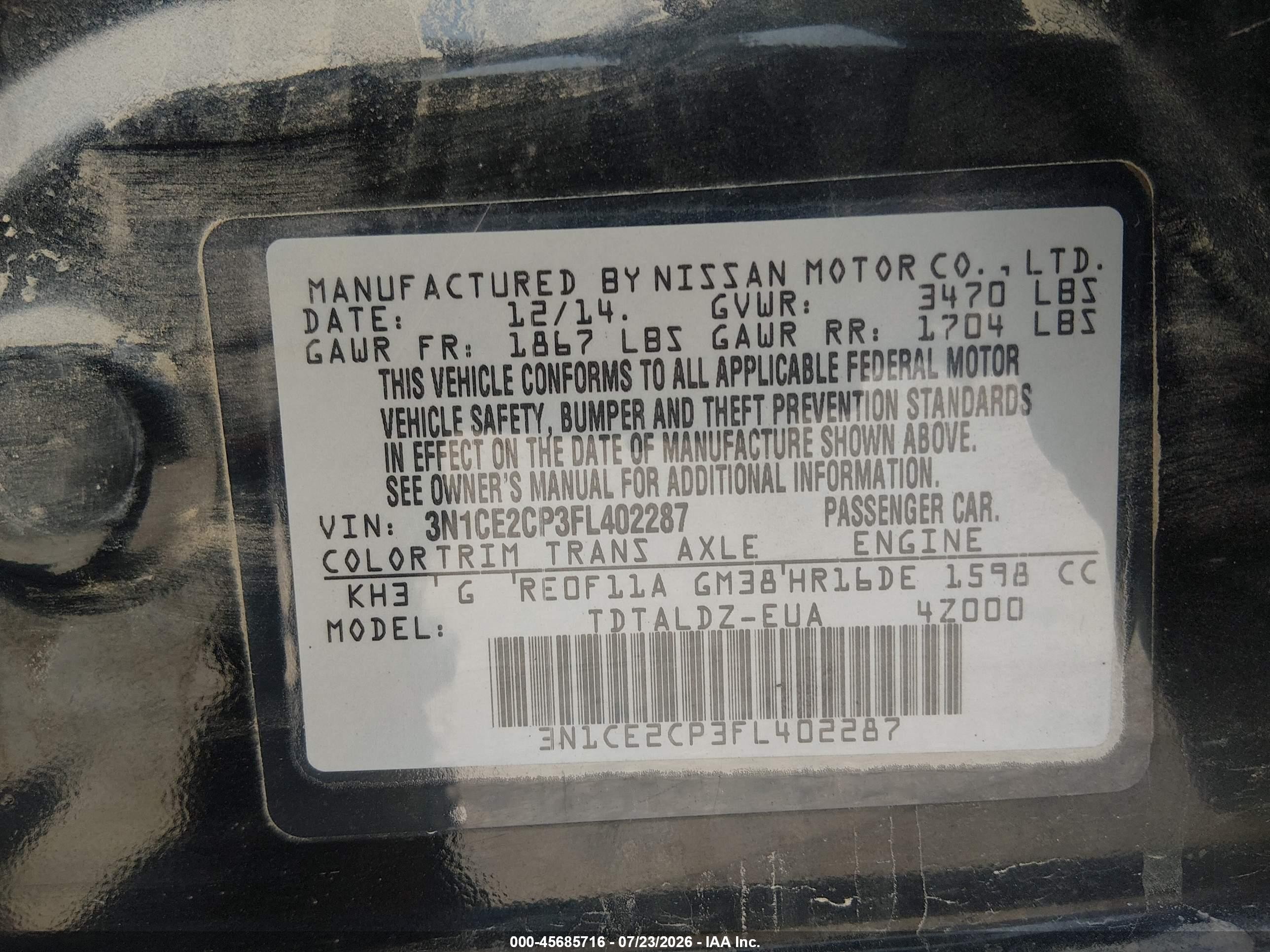 2015 Nissan Versa Note S (sr)/s Plus/sl/sr/sv Черный vin: 3N1CE2CP3FL402287