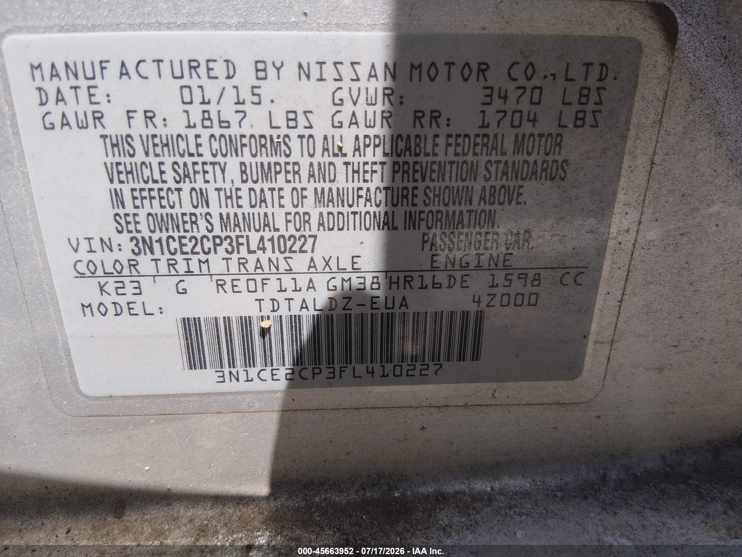 2015 Nissan Versa Note S (sr)/s Plus/sl/sr/sv Серебряный vin: 3N1CE2CP3FL410227