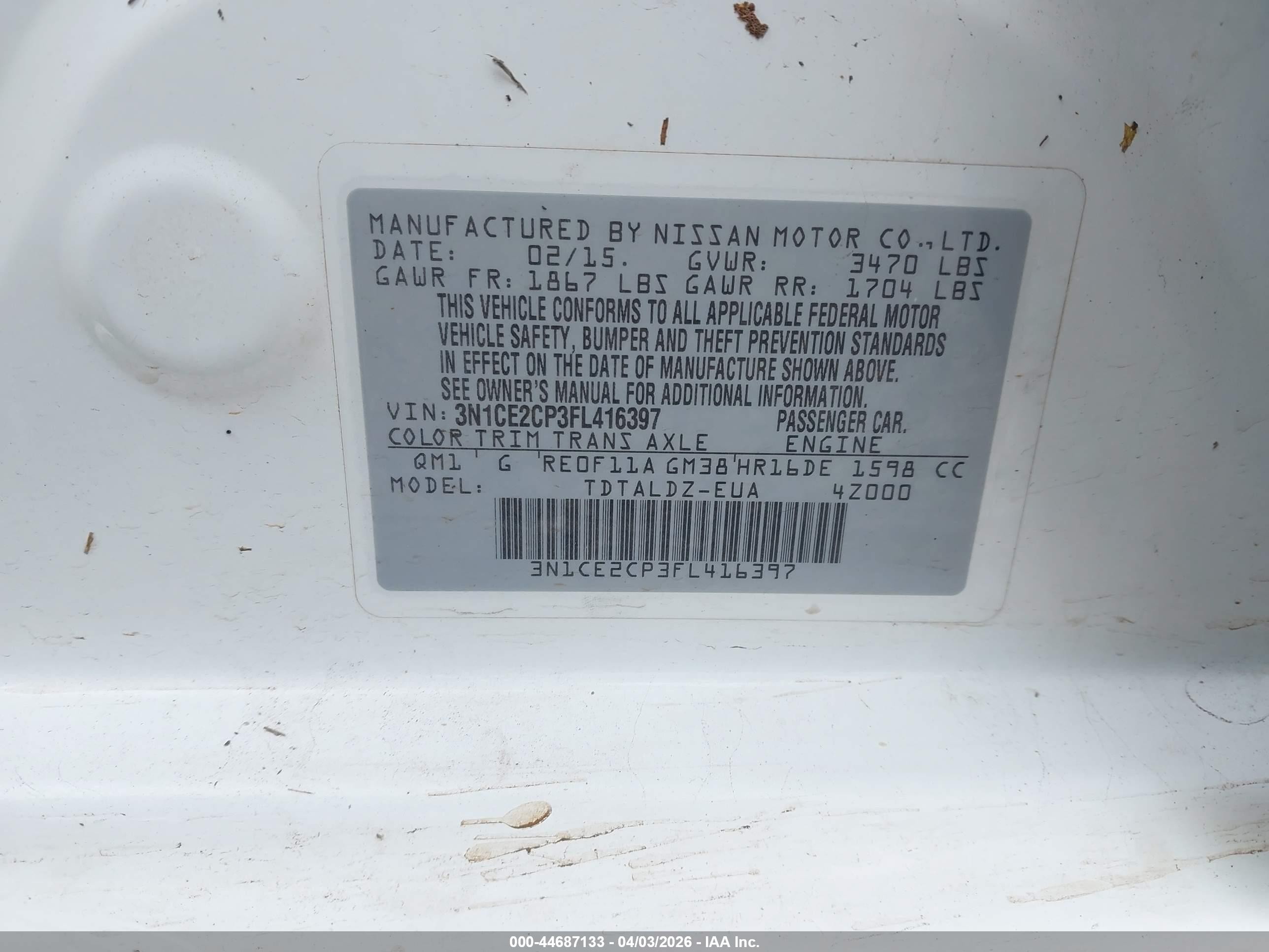 2015 Nissan Versa Note Sv White vin: 3N1CE2CP3FL416397