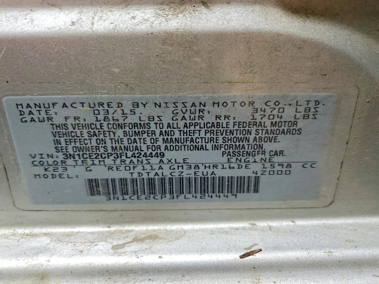 2015 Nissan Versa Note S Plus Серебряный vin: 3N1CE2CP3FL424449