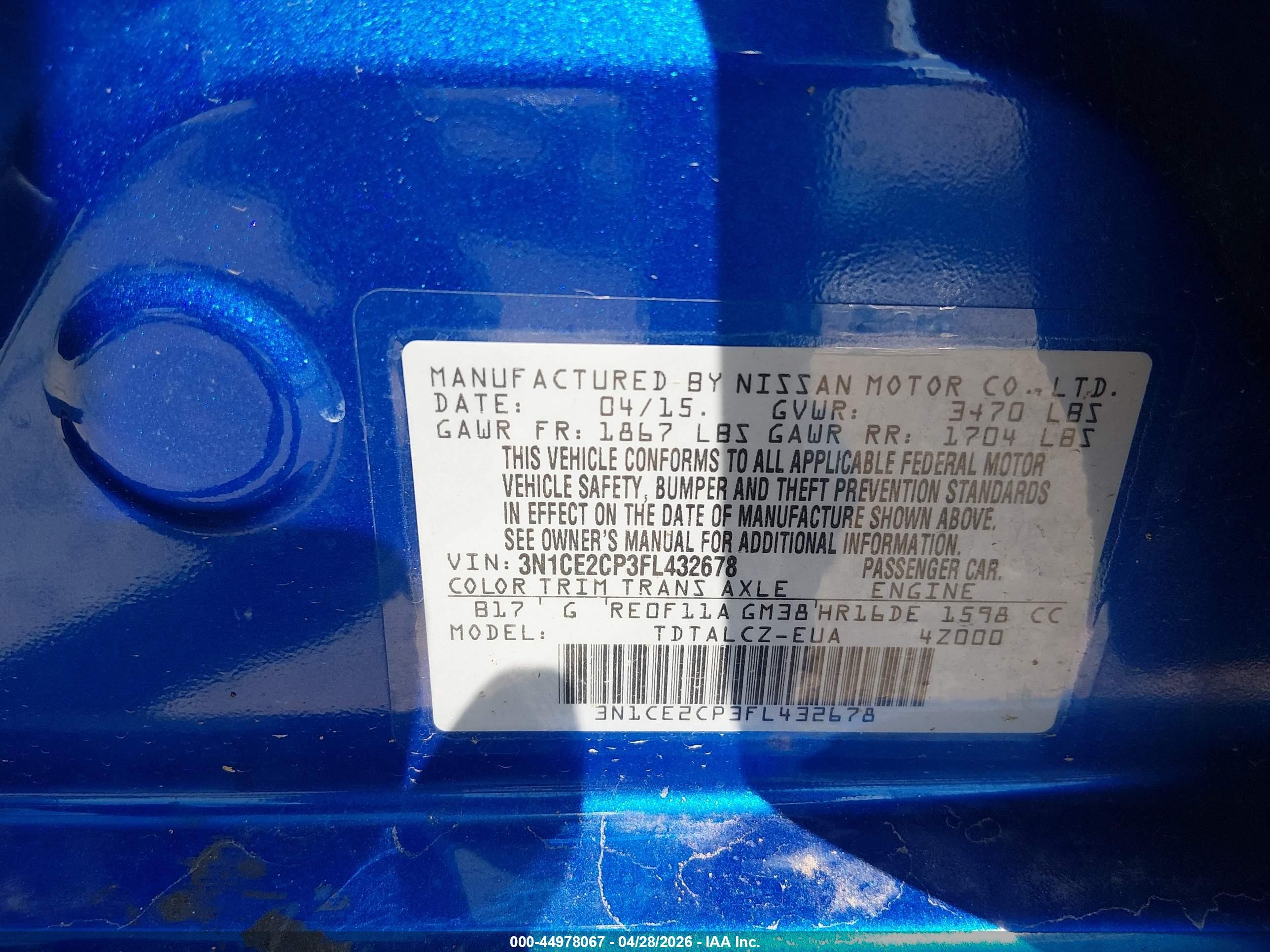 2015 Nissan Versa Note S Plus Blue vin: 3N1CE2CP3FL432678
