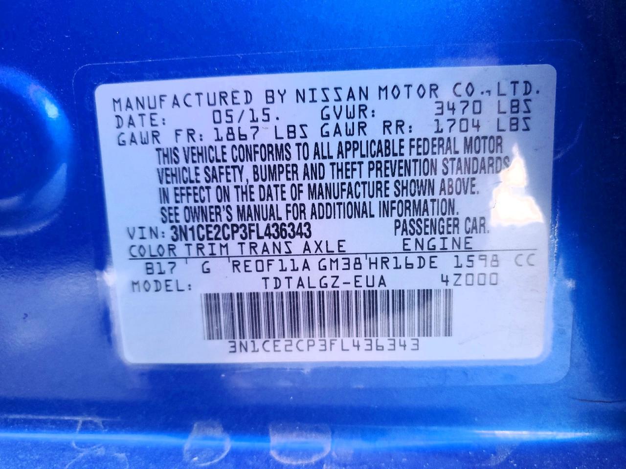 2015 Nissan Versa Note Sr Blue vin: 3N1CE2CP3FL436343
