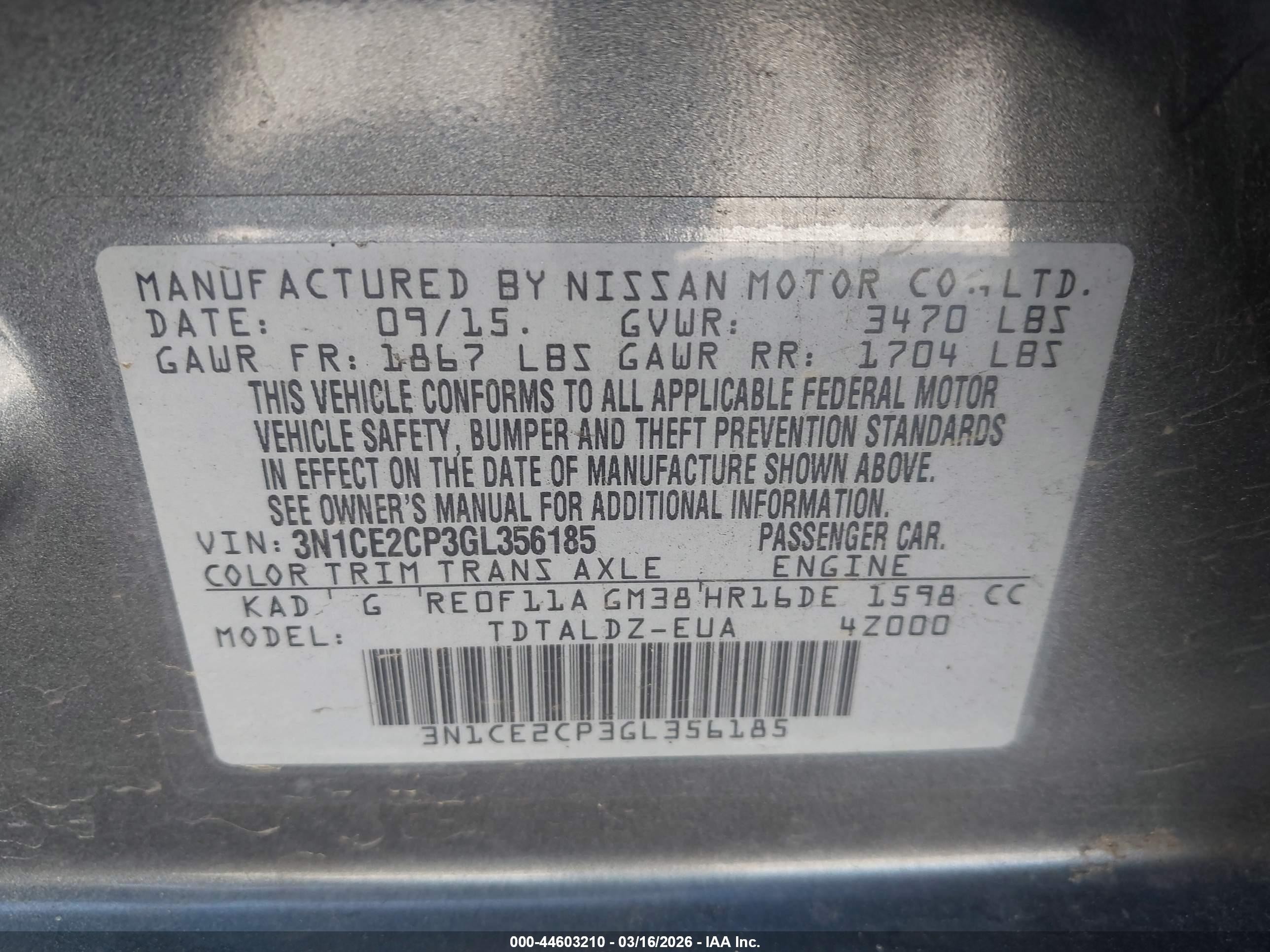 2016 Nissan Versa Note S (sr)/s Plus/sl/sr/sv Gray vin: 3N1CE2CP3GL356185