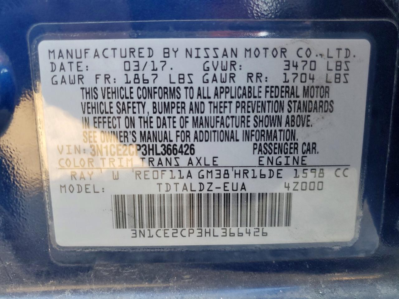 2017 Nissan Versa Note Blue vin: 3N1CE2CP3HL366426