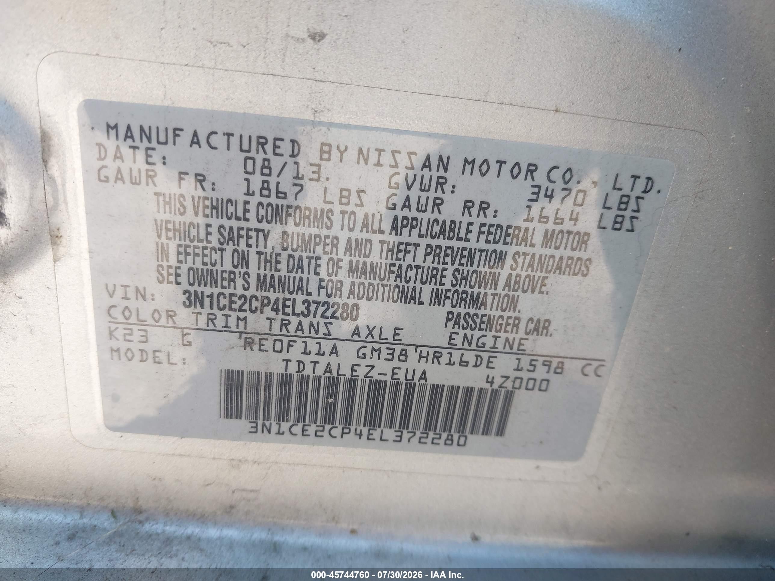 2014 Nissan Versa Note Sv Silver vin: 3N1CE2CP4EL372280