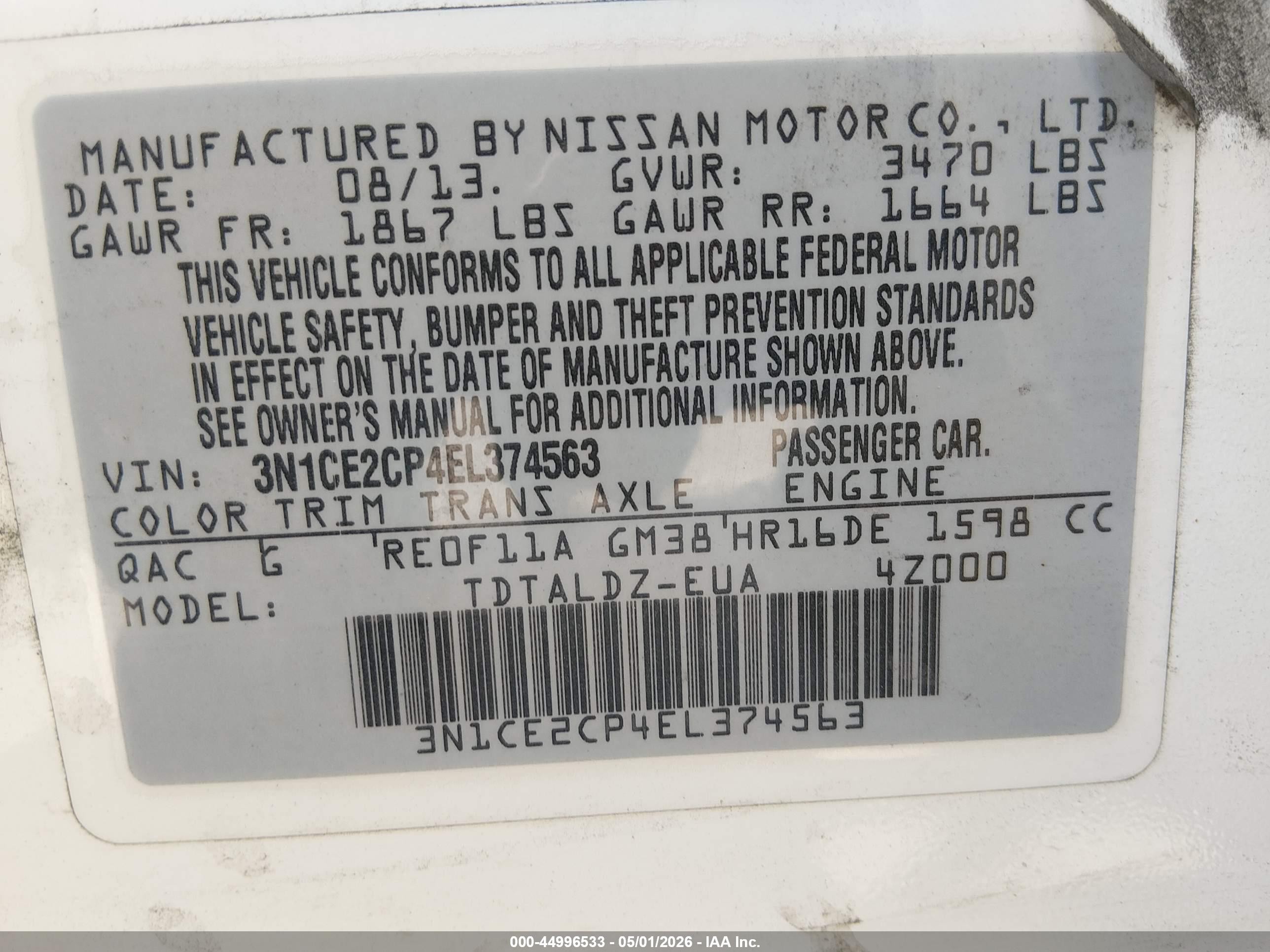 2014 Nissan Versa Note Sv White vin: 3N1CE2CP4EL374563