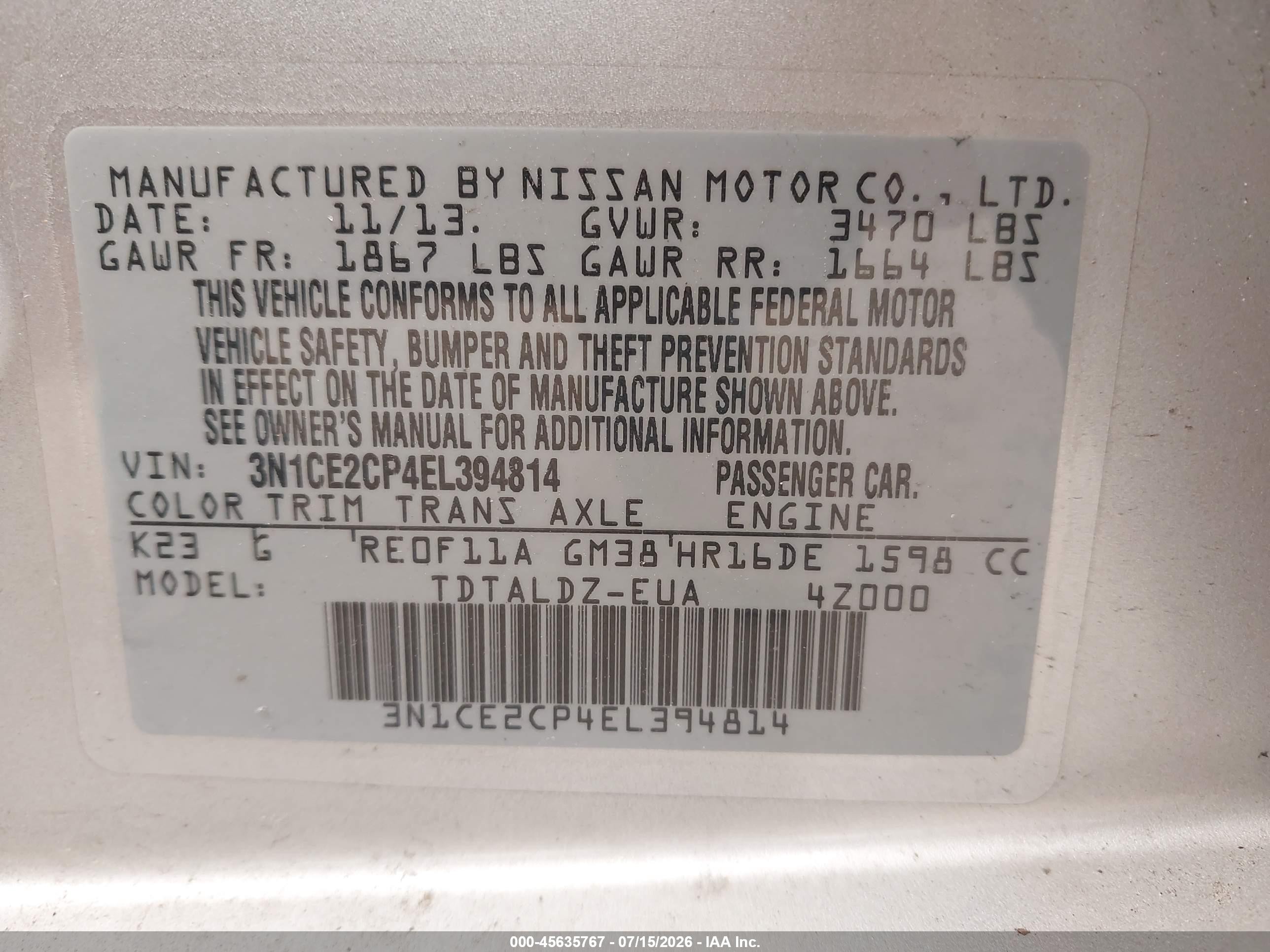 2014 Nissan Versa Note Sv Silver vin: 3N1CE2CP4EL394814