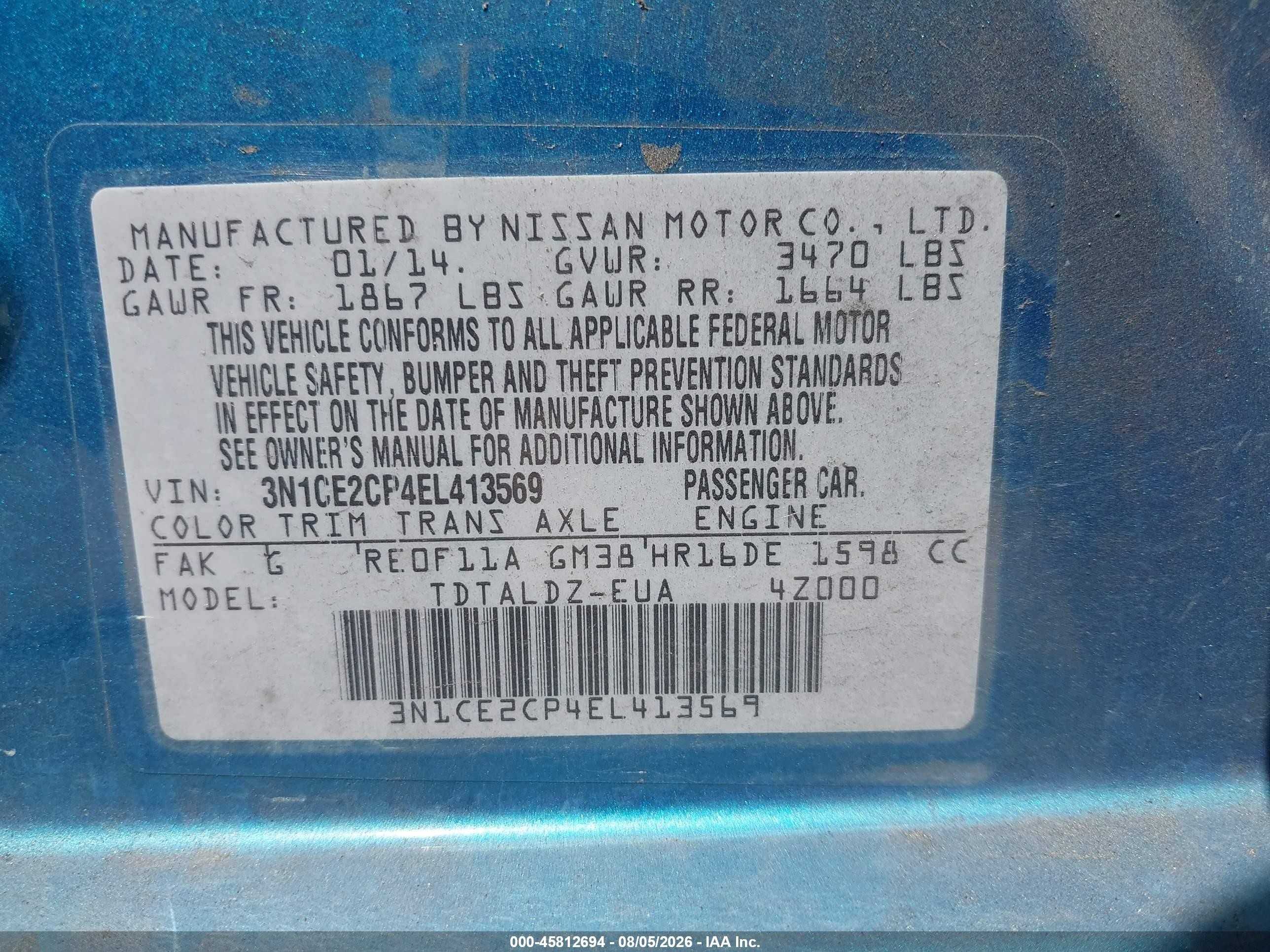 2014 Nissan Versa Note Sv Blue vin: 3N1CE2CP4EL413569