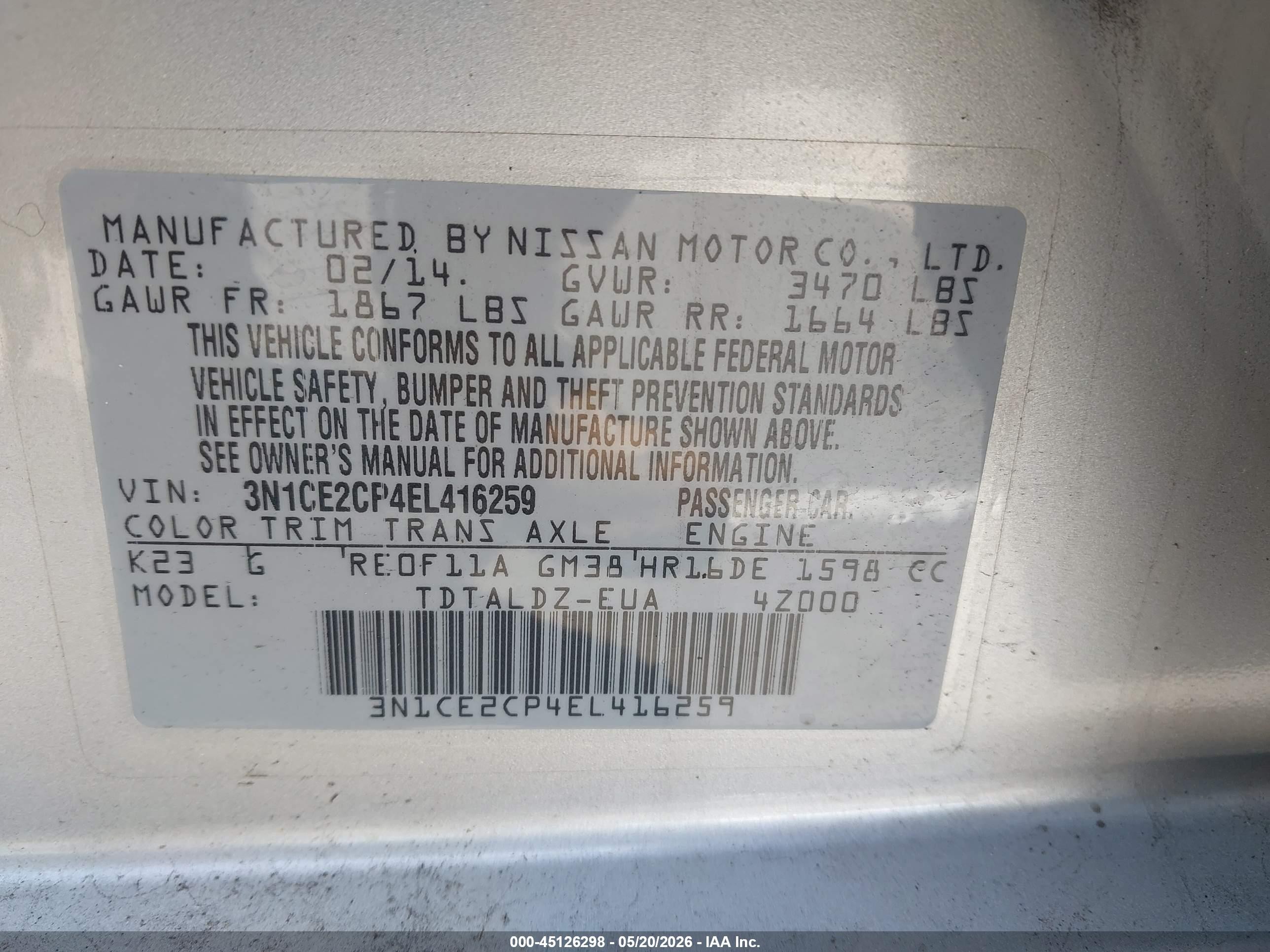 2014 Nissan Versa Note Sv Silver vin: 3N1CE2CP4EL416259