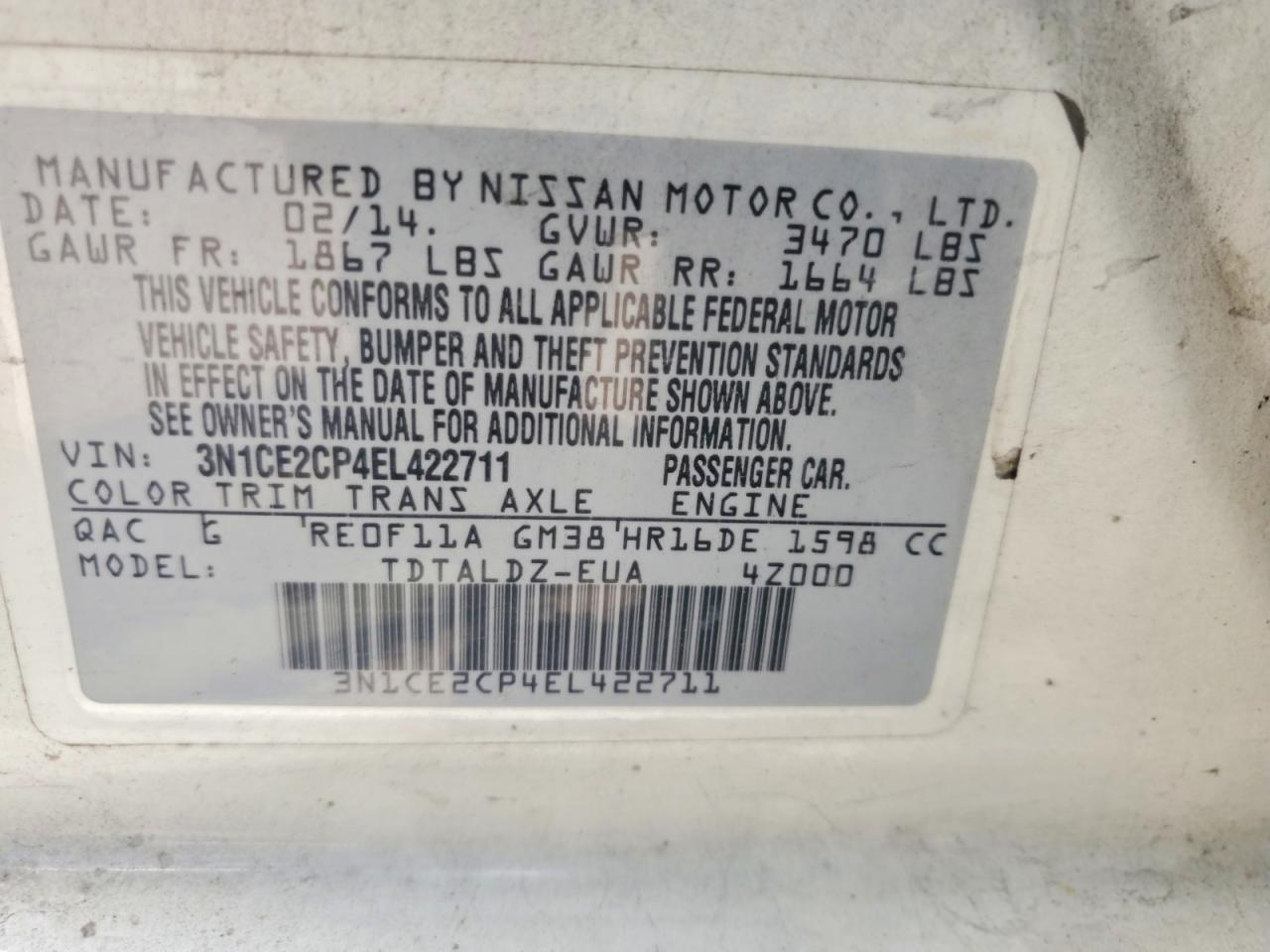2014 Nissan Versa Note Sv White vin: 3N1CE2CP4EL422711