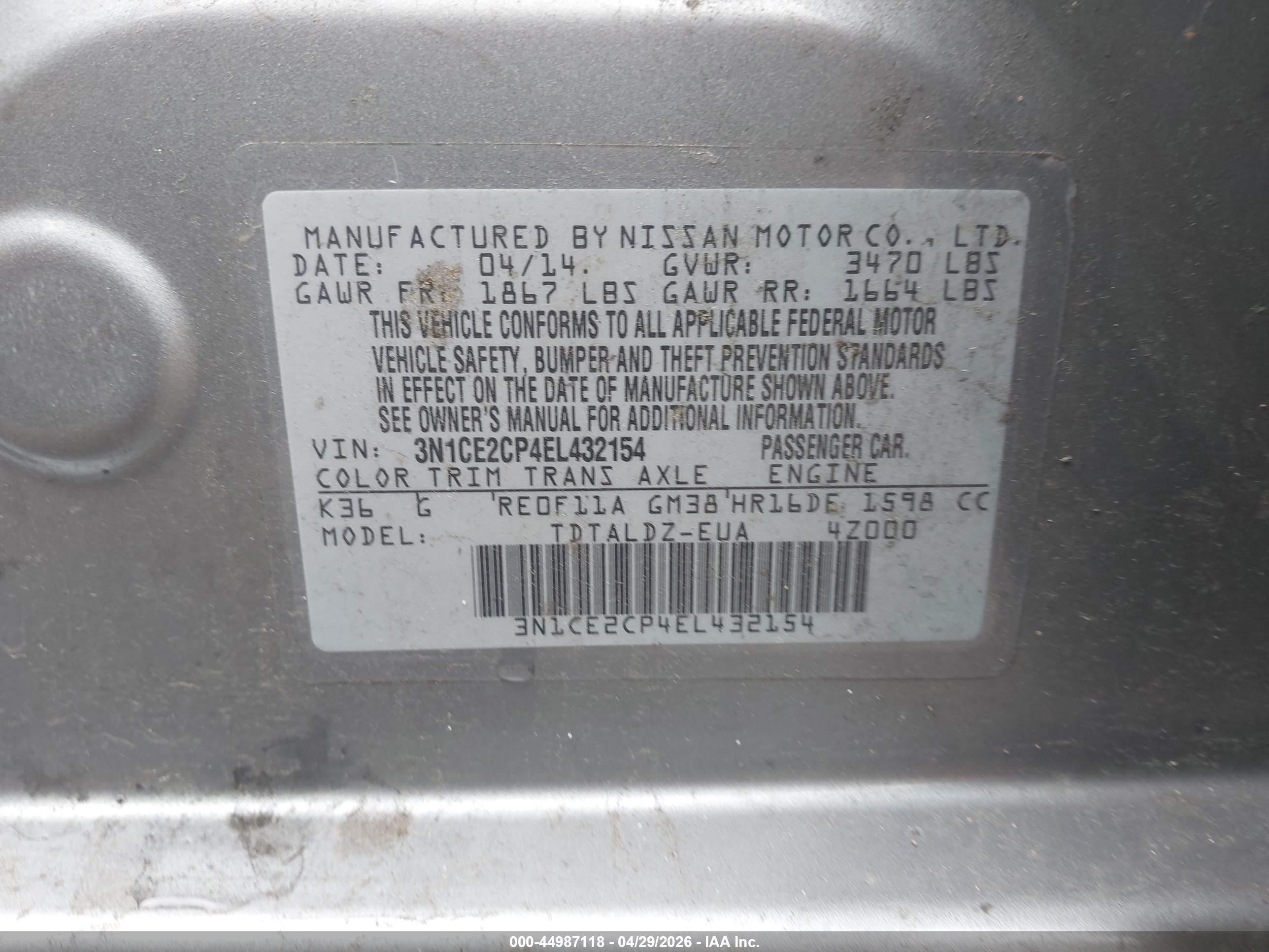 2014 Nissan Versa Note S (sr)/s Plus/sv Silver vin: 3N1CE2CP4EL432154