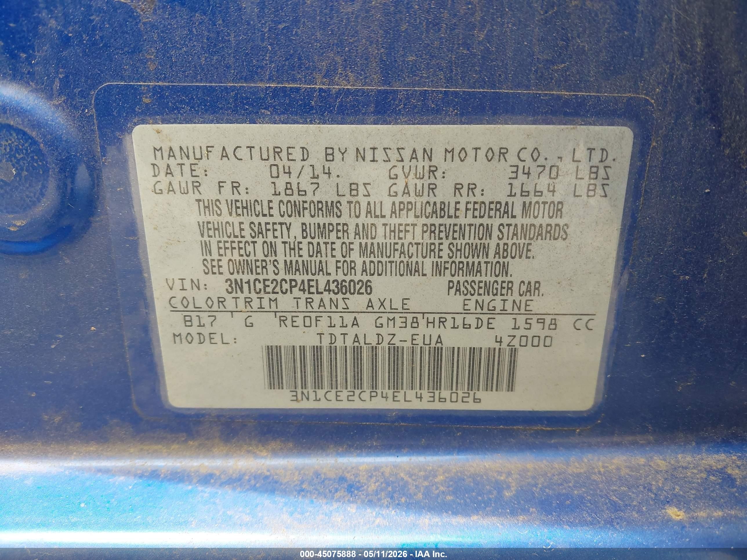 2014 Nissan Versa Note Sv Blue vin: 3N1CE2CP4EL436026