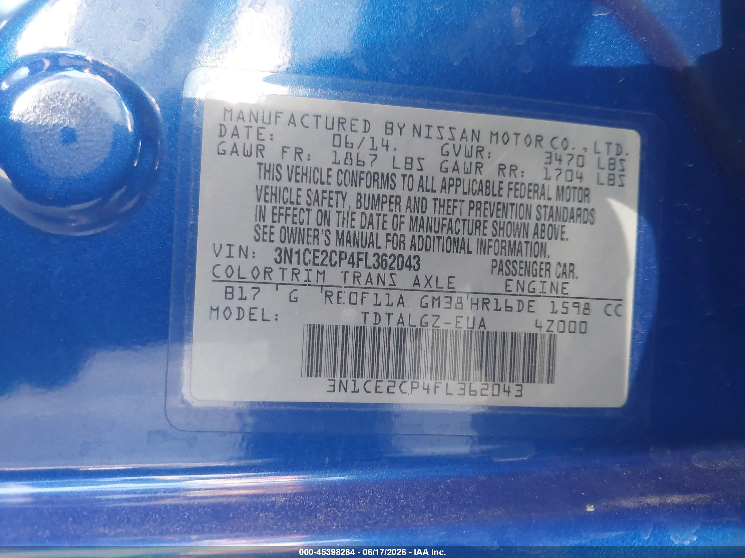 2015 Nissan Versa Note Sr Blue vin: 3N1CE2CP4FL362043