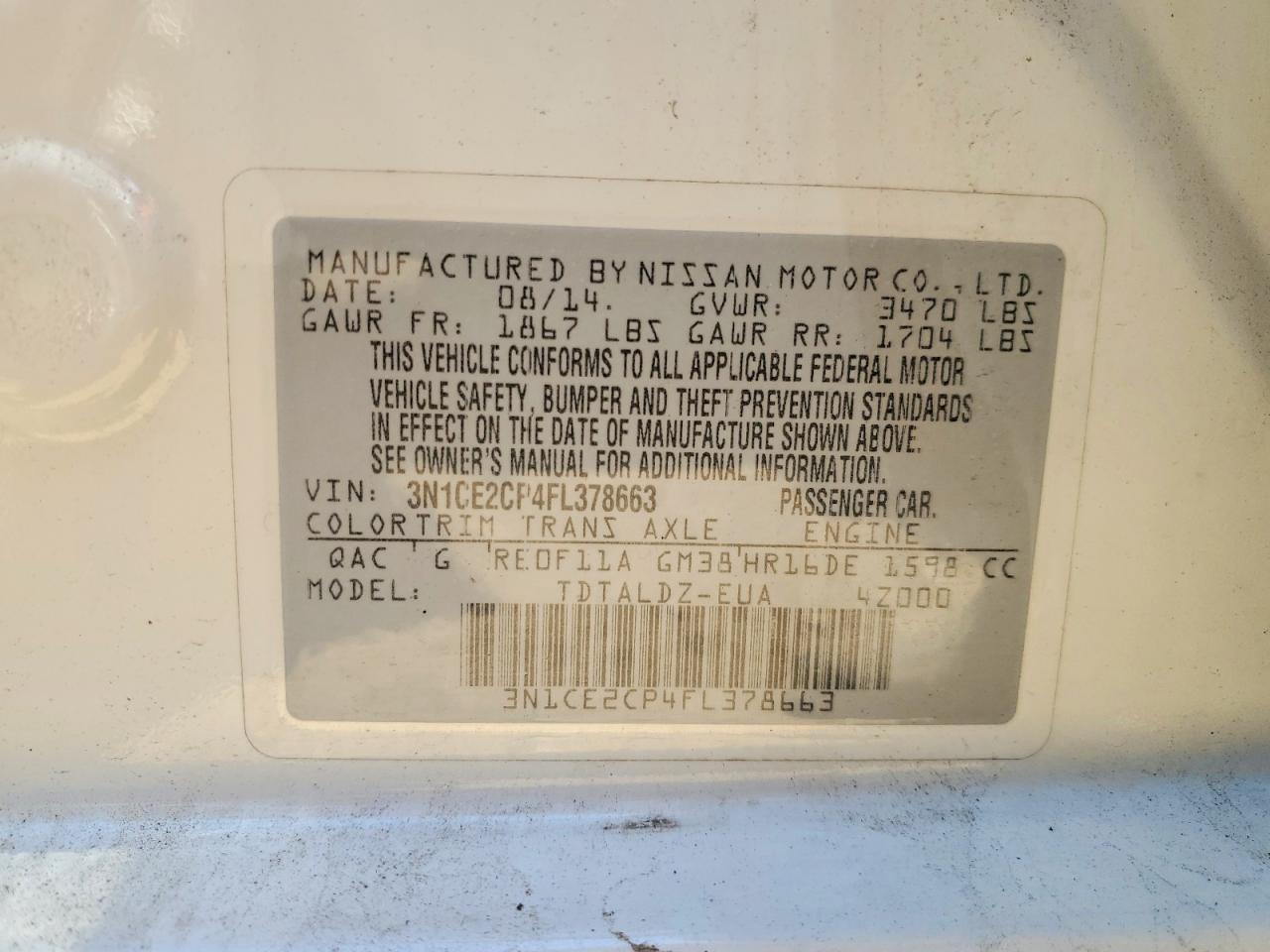 2015 Nissan Versa Note Sv White vin: 3N1CE2CP4FL378663