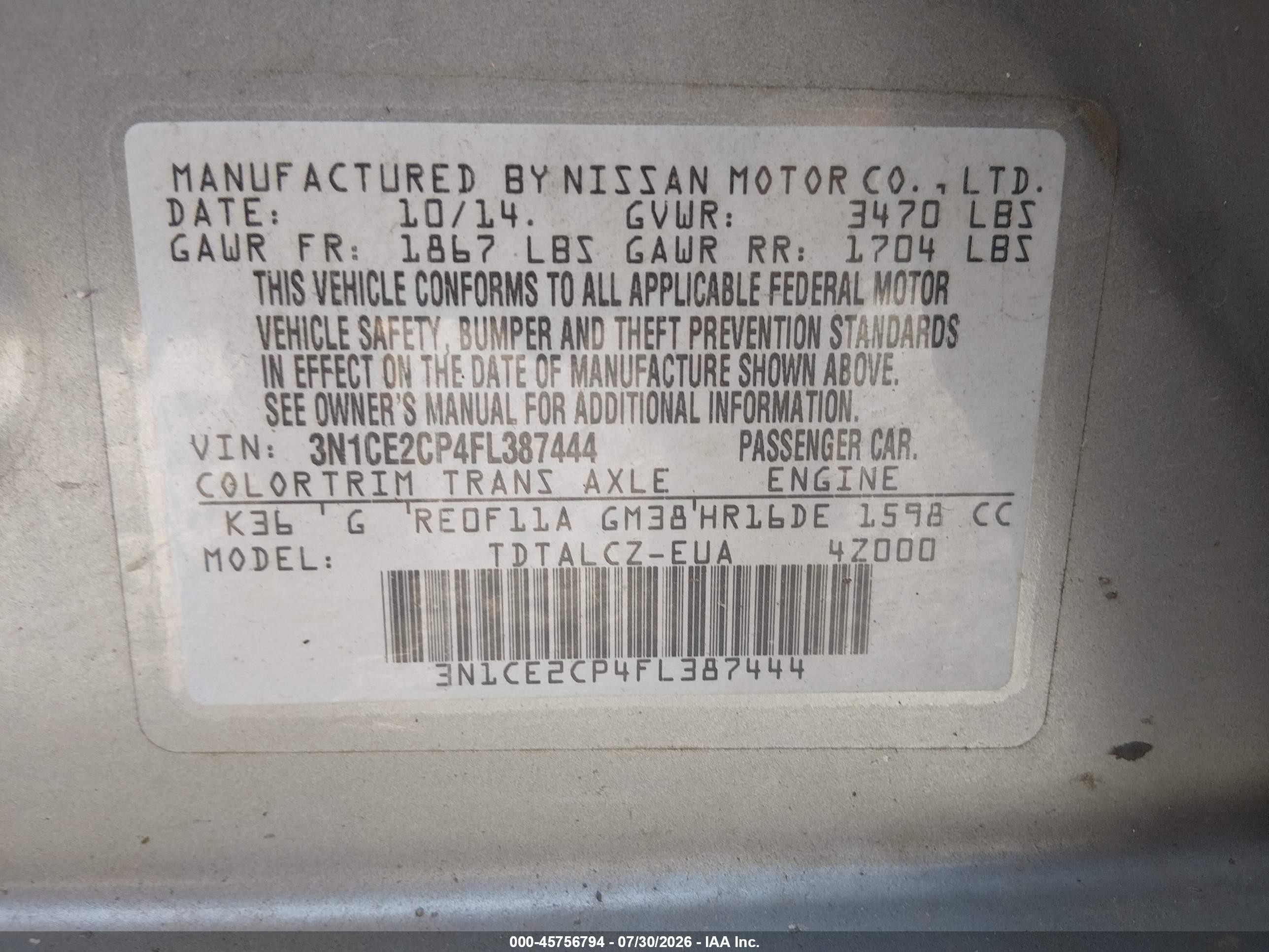 2015 Nissan Versa Note S Plus Light Blue vin: 3N1CE2CP4FL387444