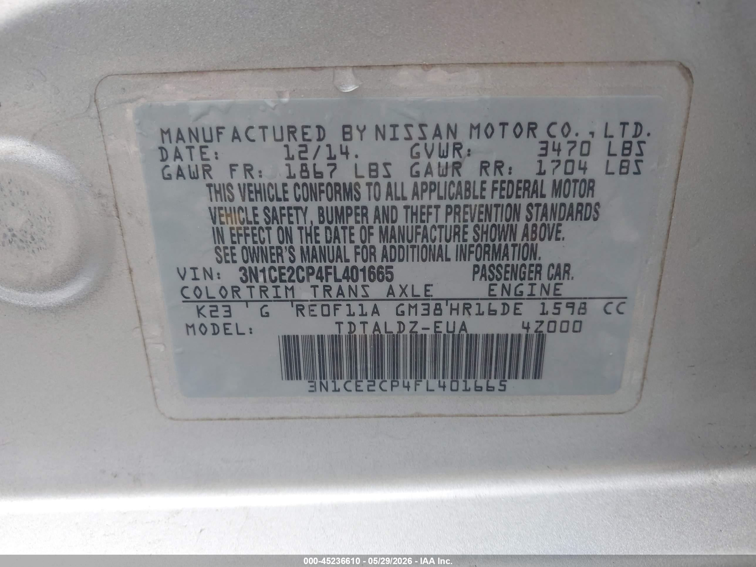 2015 Nissan Versa Note S (sr)/s Plus/sl/sr/sv Silver vin: 3N1CE2CP4FL401665