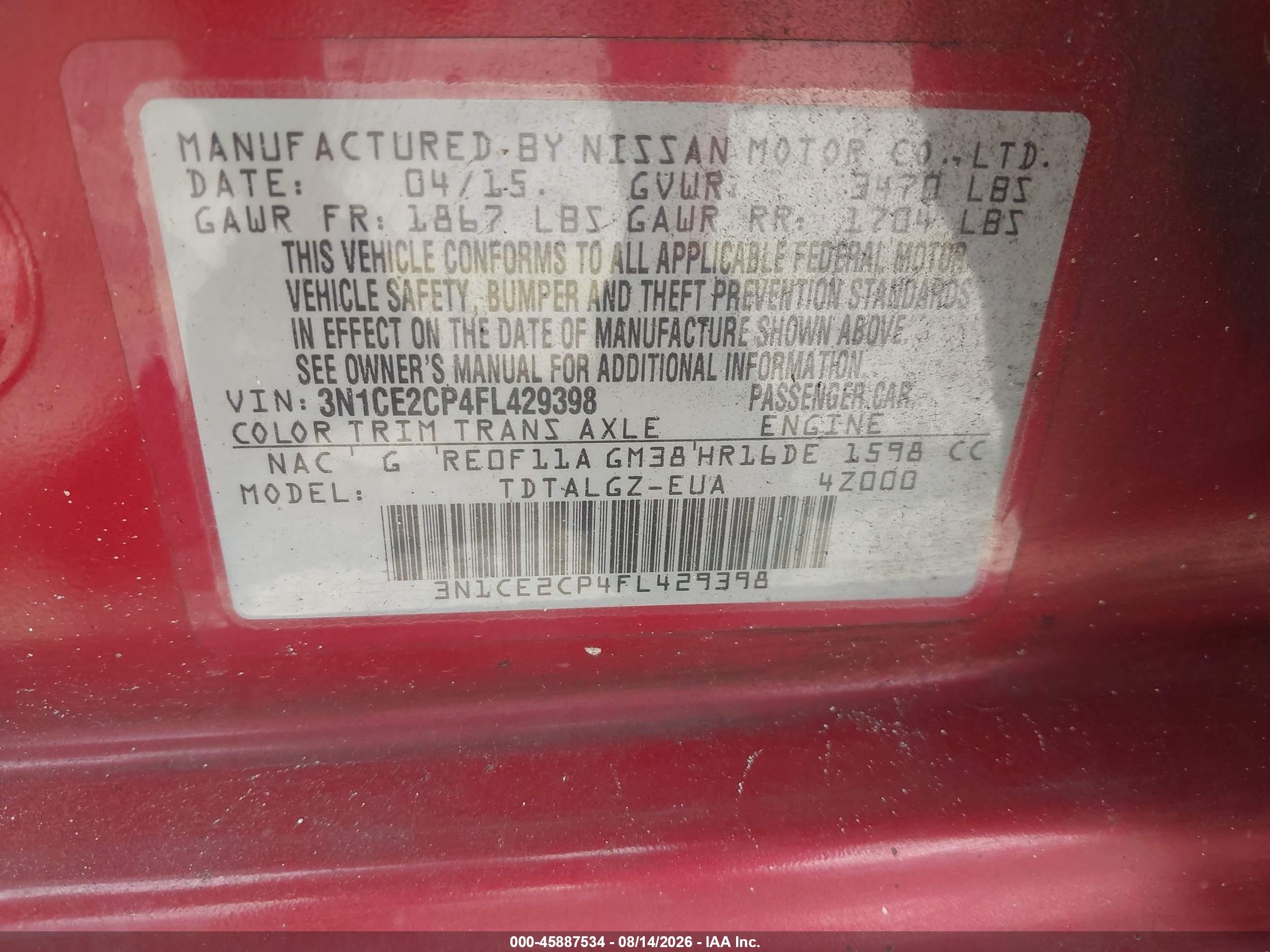2015 Nissan Versa Note Sr Red vin: 3N1CE2CP4FL429398