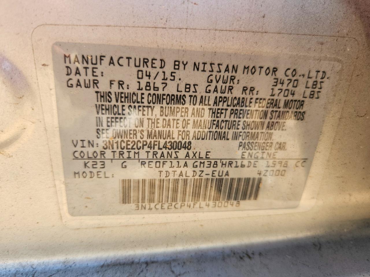 2015 Nissan Versa Note Sv Silver vin: 3N1CE2CP4FL430048