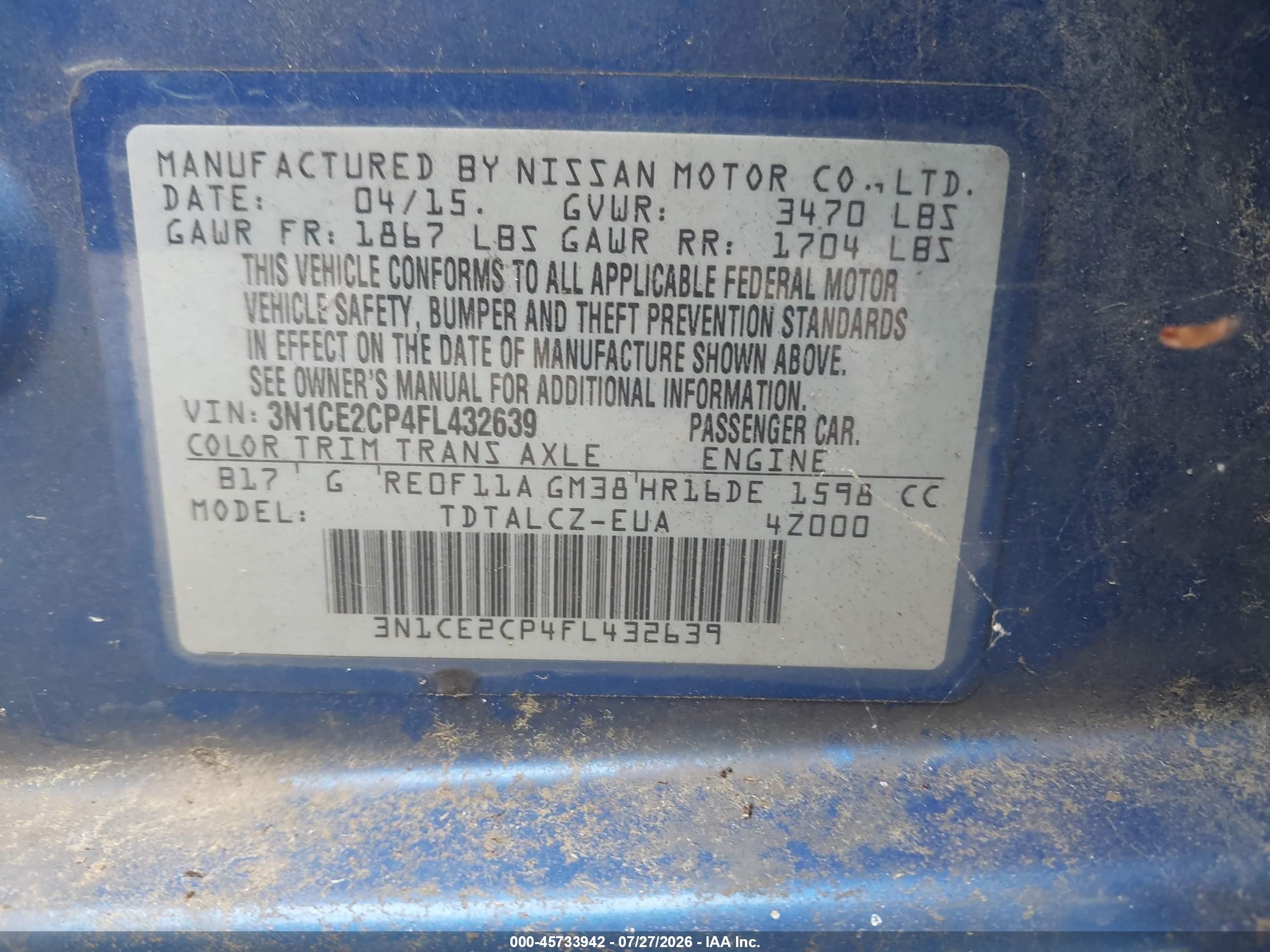 2015 Nissan Versa Note S Plus Blue vin: 3N1CE2CP4FL432639