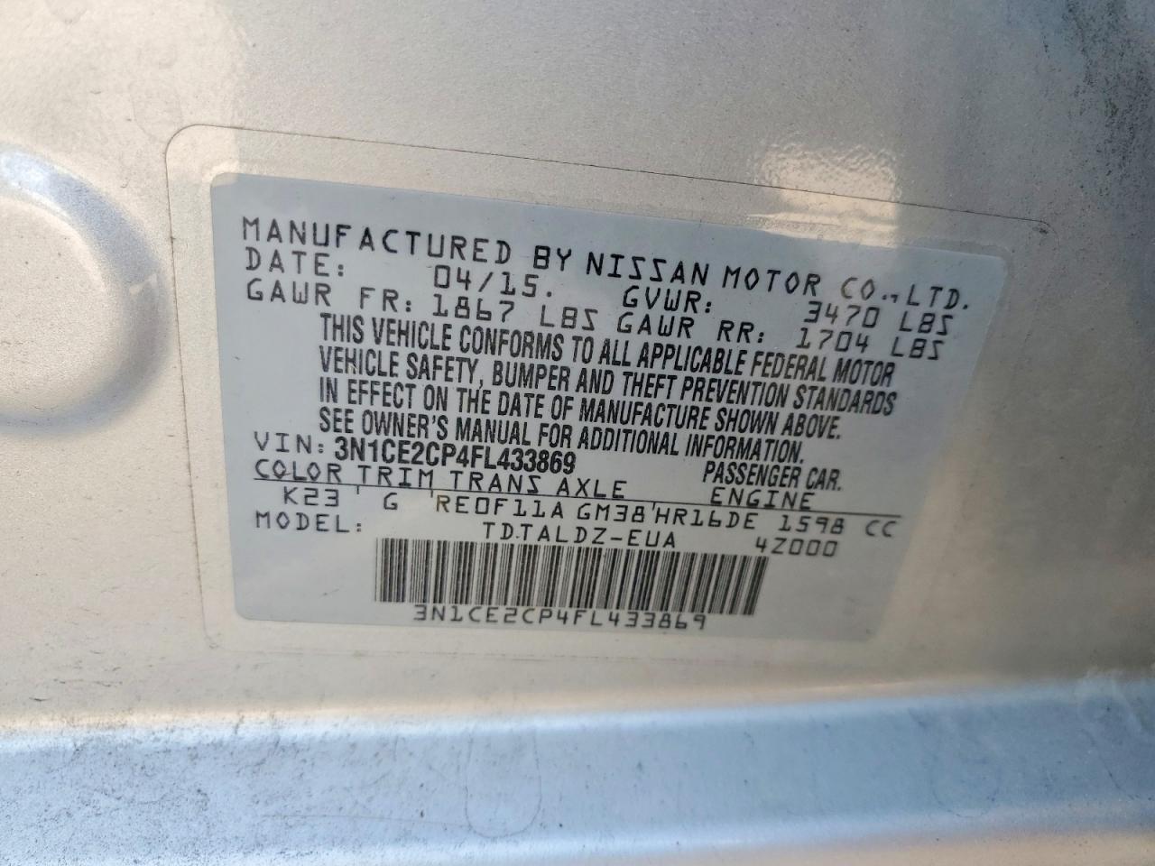 2015 Nissan Versa Note Sv Silver vin: 3N1CE2CP4FL433869